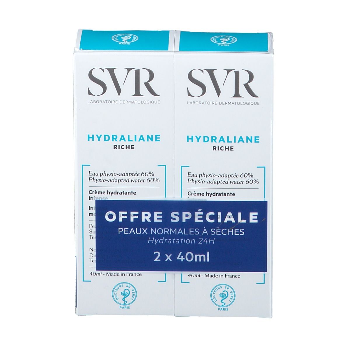 Pack double SVR Hydraliane Riche. Emballage blanc et bleu. Texte: Hydraliane Riche, Offre Spéciale, 2 x 40ml.