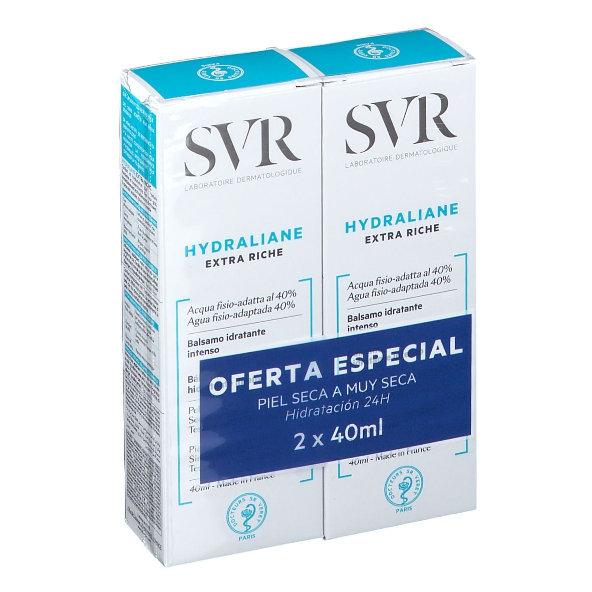 Duopack SVR Hydraliane Extra Riche. Blauw-witte verpakking. Tekst: Oferta Especial, Piel seca a muy seca, 2 x 40ml.