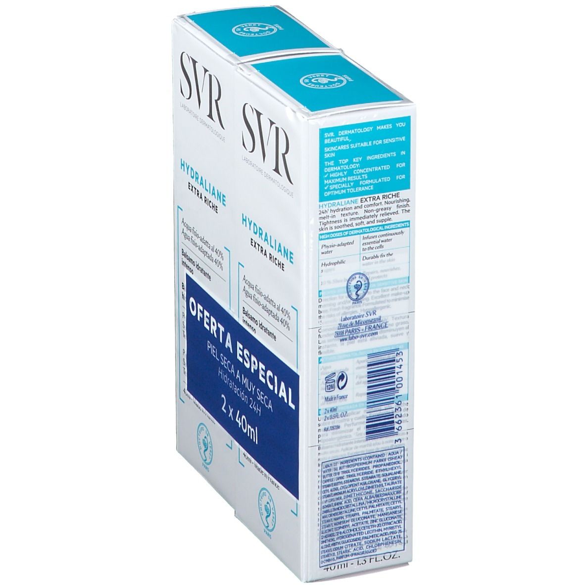 Zijaanzicht van de SVR Hydraliane Extra Riche duopack. Blauw-witte verpakking. Tekst op de zijkant. Details van de samenstelling.