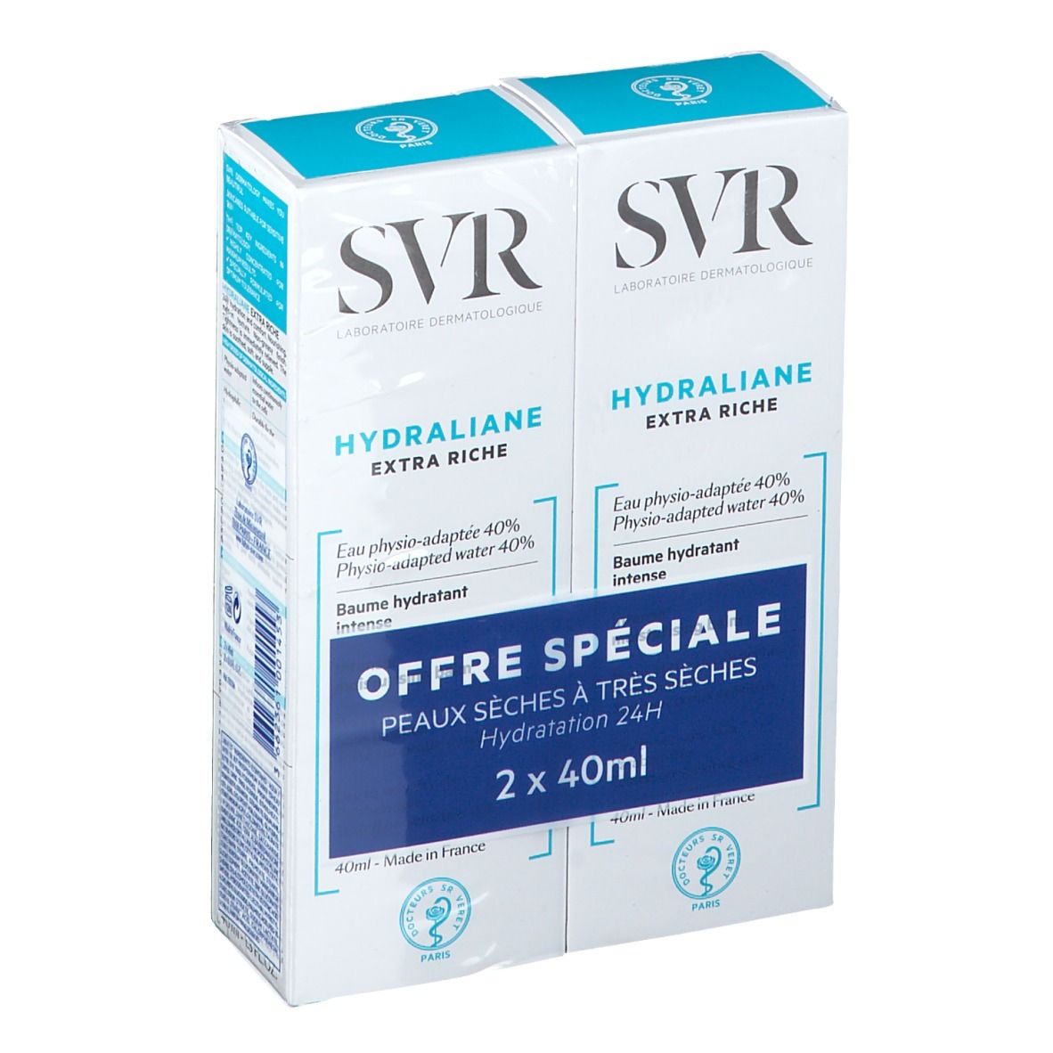 Duopack SVR Hydraliane Extra Riche. Blauw-witte verpakking. Tekst: Offre Spéciale, Peaux sèches à très sèches, 2 x 40ml.