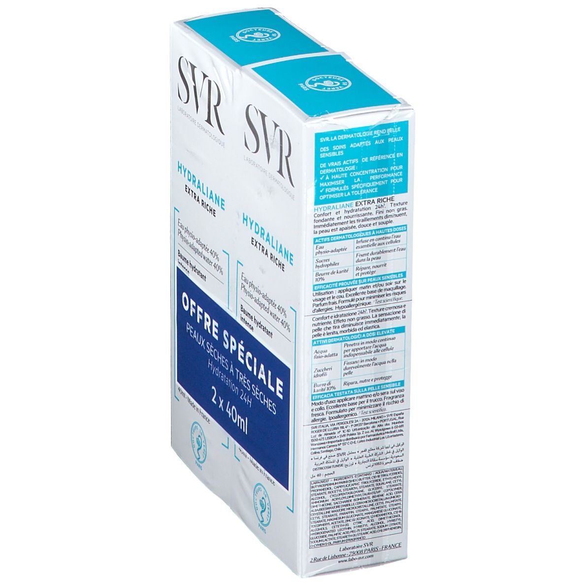 Zijaanzicht van de SVR Hydraliane Extra Riche duopack. Blauw-witte verpakking. Tekst op de zijkant. Details van de samenstelling.