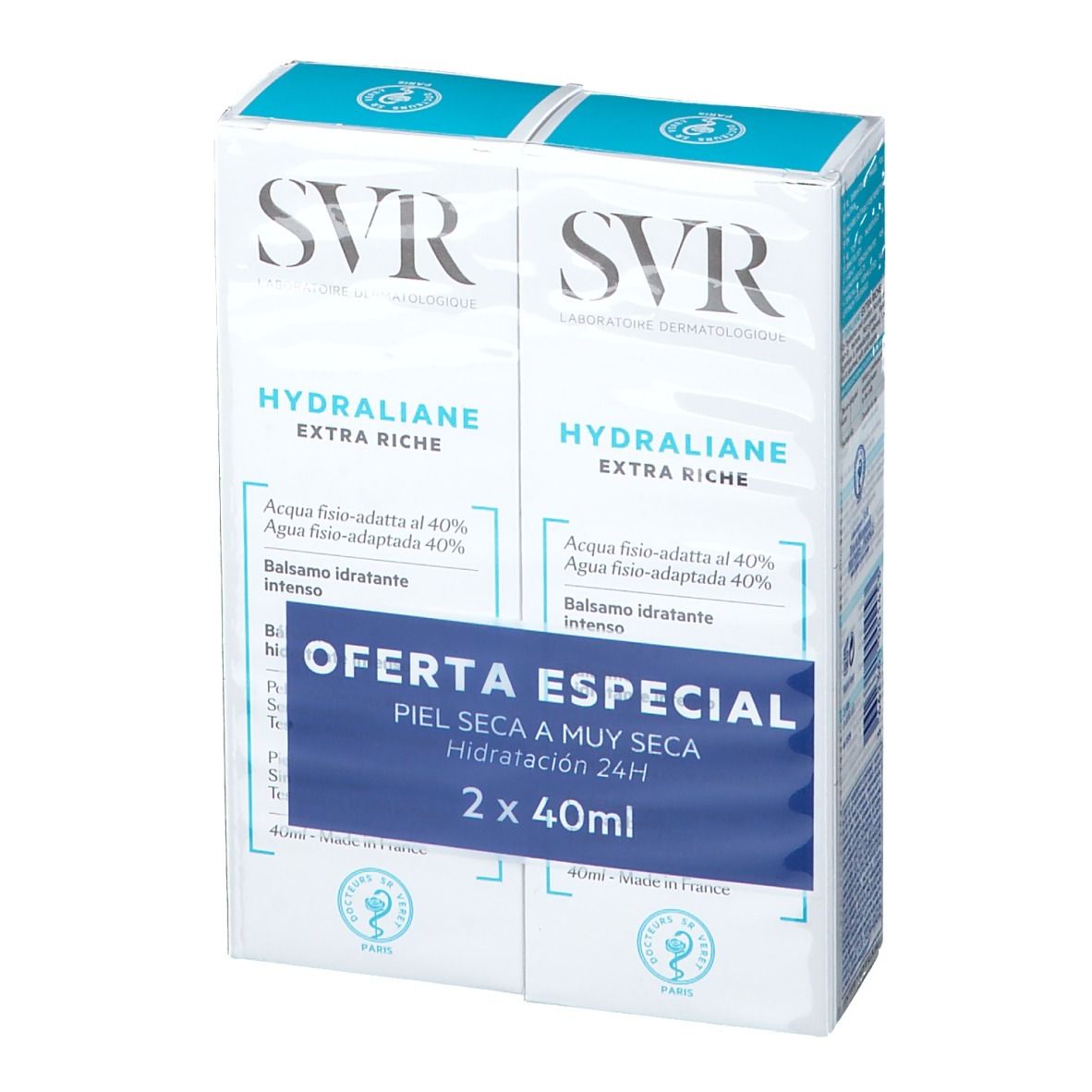 Duopack SVR Hydraliane Extra Riche. Blauw-witte verpakking. Tekst: Oferta Especial, Piel seca a muy seca, 2 x 40ml.