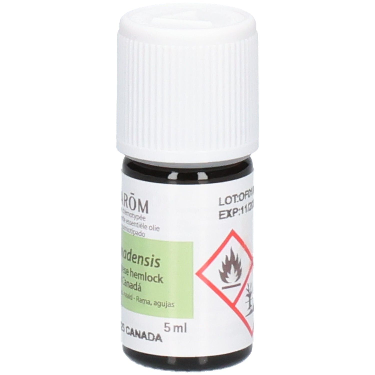Braune Glasflasche mit weißem Schraubverschluss, 5ml, mit Etikett 'Aromodensiss', 'Western Hemlock', 'Canada'. Entzündlichkeits- und Gefahrensymbole.
