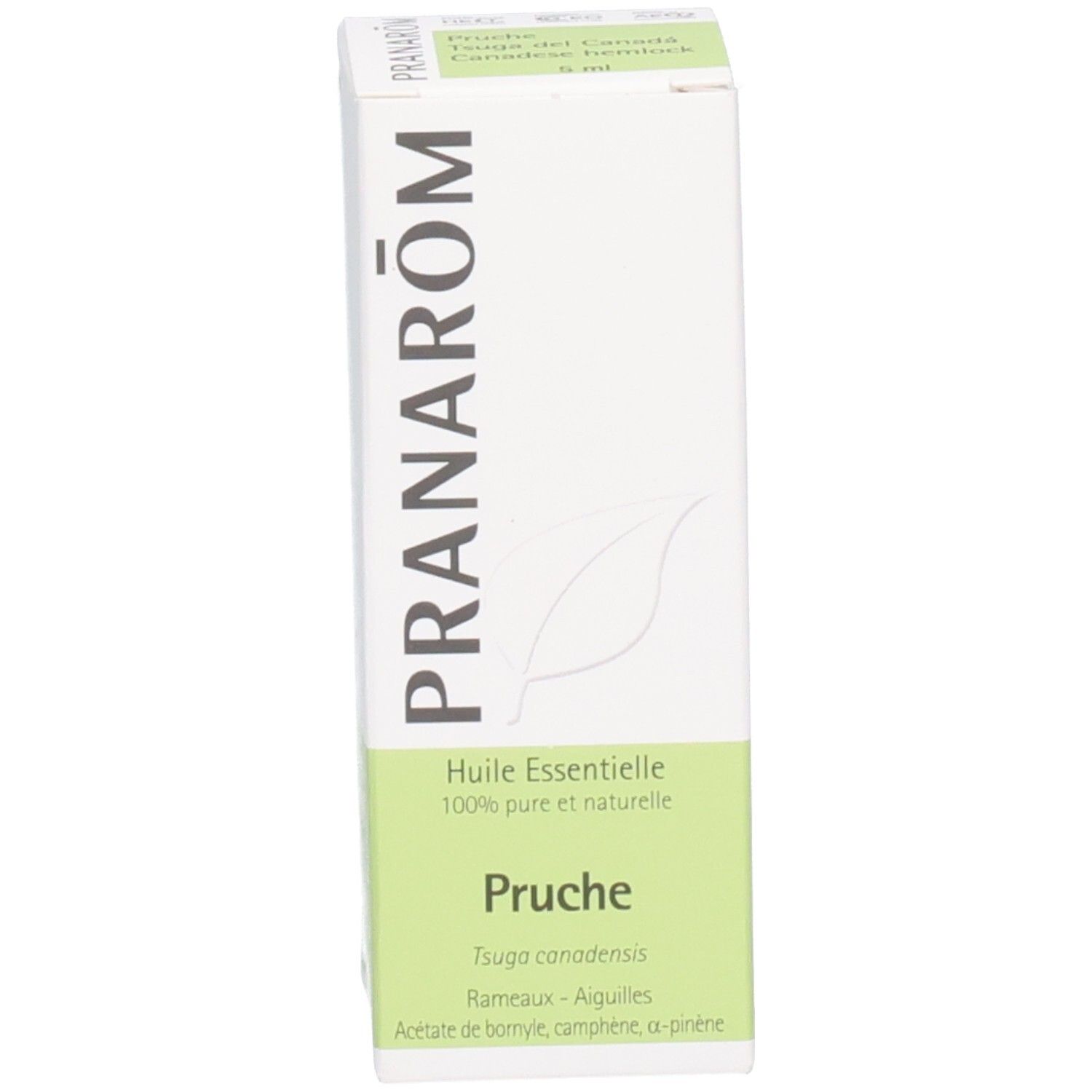 Pranarôm ätherisches Öl "Pruche" (Tsuga canadensis) in weißer Verpackung mit grünen Akzenten.