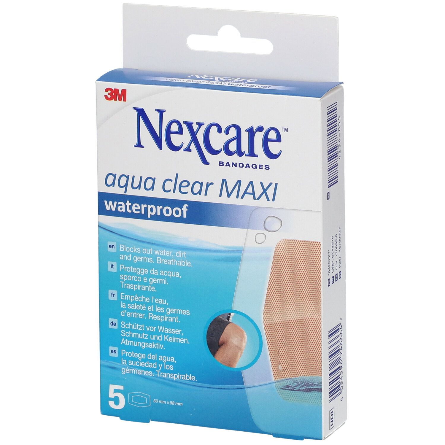 Verpackung mit Nexcare aqua clear MAXI Pflastern. 5 Stück, wasserdicht, atmungsaktiv. Abbildung eines Pflasters.