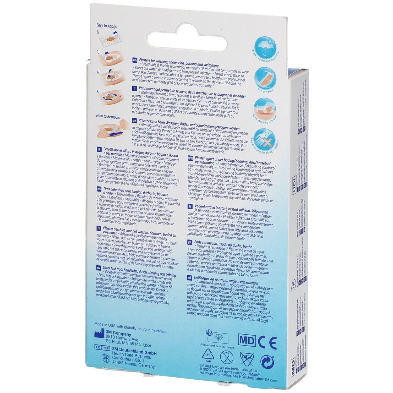 Rückseite der Nexcare aqua clear MAXI Pflasterverpackung. Anwendungsanweisungen und Produktinformationen.