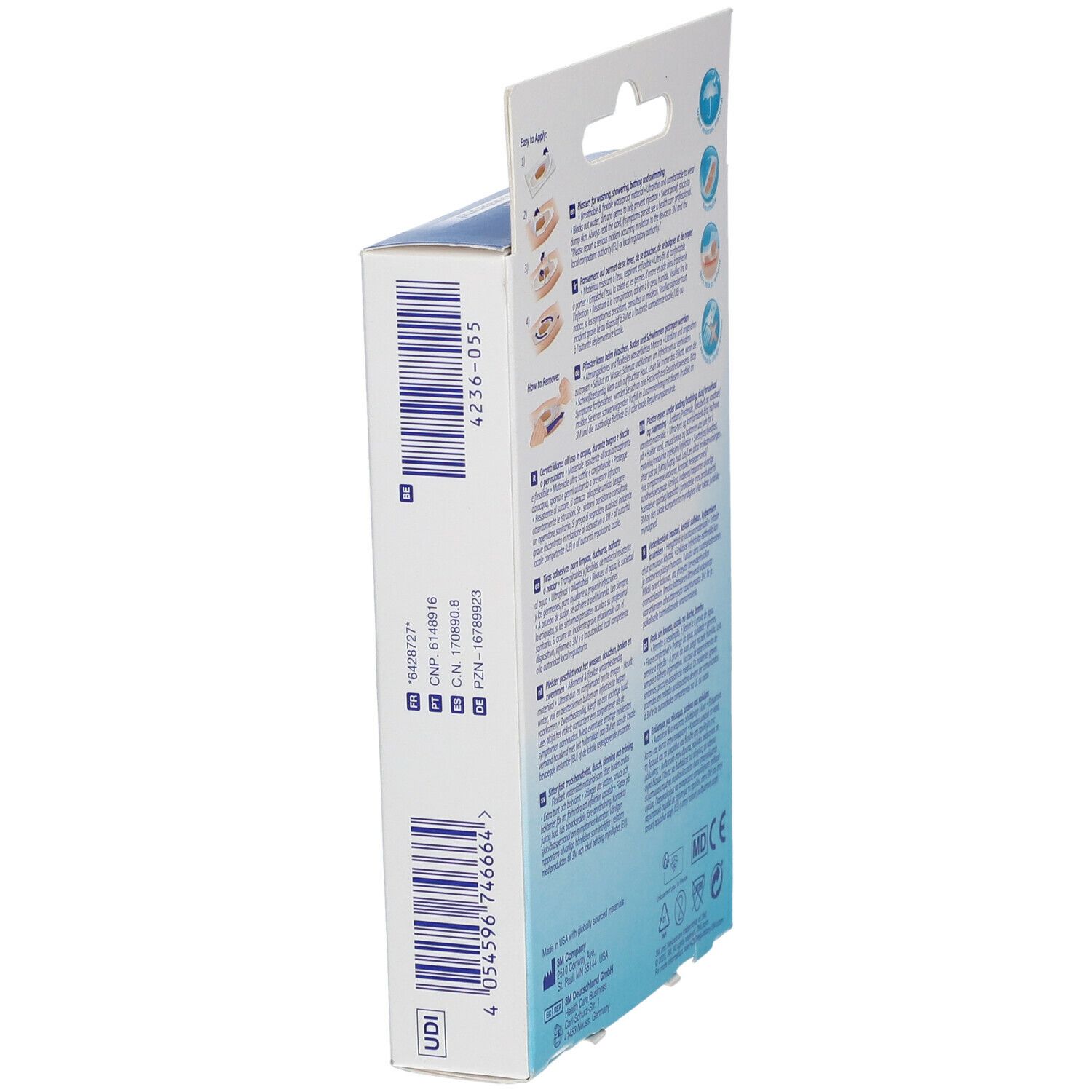Seitenansicht der Nexcare aqua clear MAXI Pflasterverpackung. Barcode und Produktinformationen.