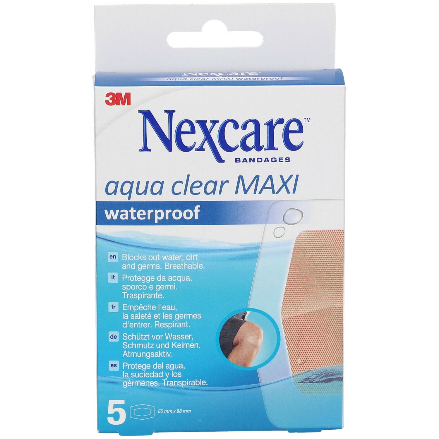 Vorderansicht der Nexcare aqua clear MAXI Pflasterverpackung. Produktname, Logo und Abbildung eines Pflasters.