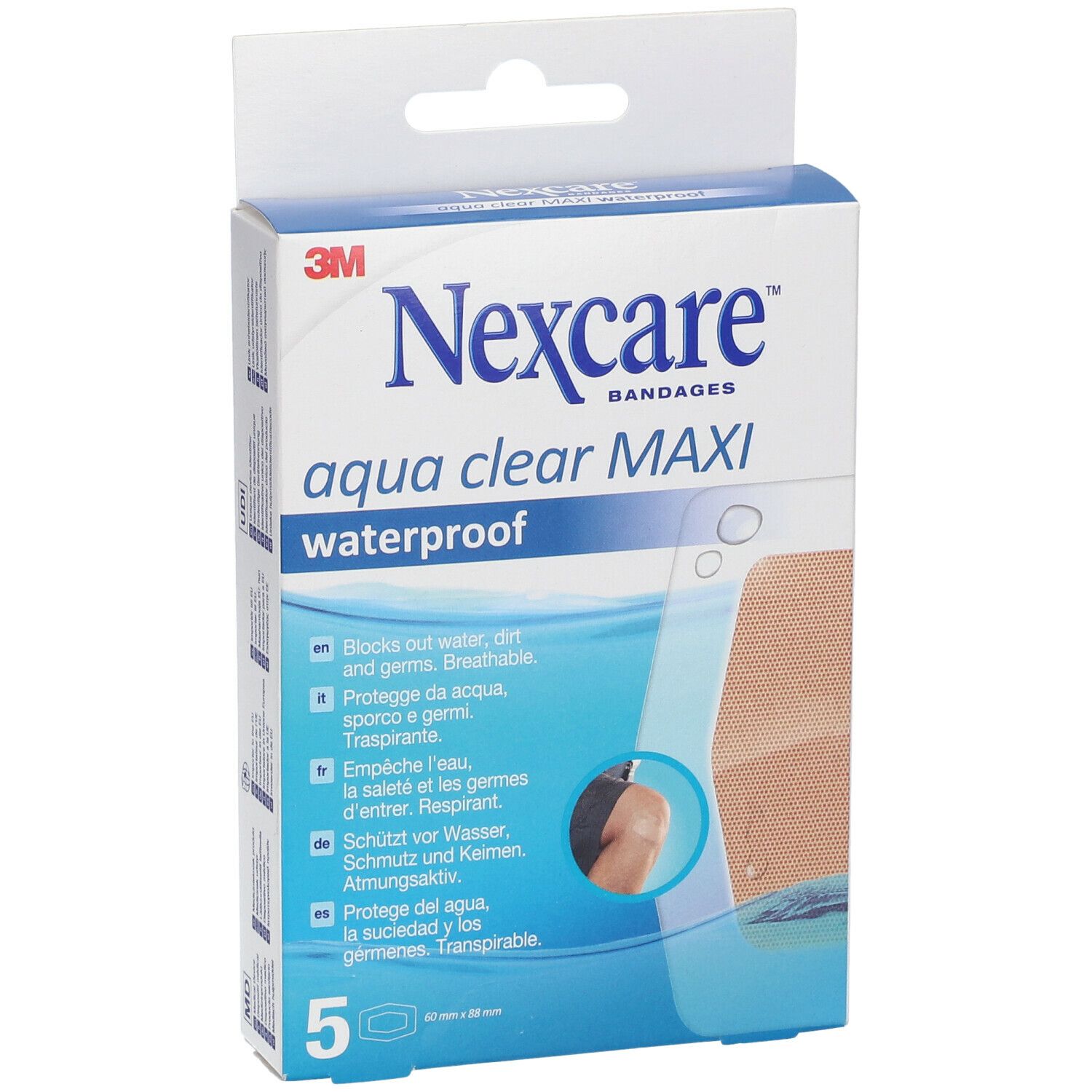 Vorderansicht der Nexcare aqua clear MAXI Pflasterverpackung. Produktname, Logo und Abbildung eines Pflasters.