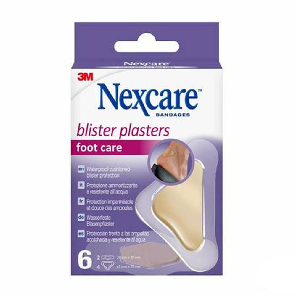 Boîte de pansements anti-ampoules Nexcare pour les pieds. Six pansements, illustration d'un pied avec un pansement.