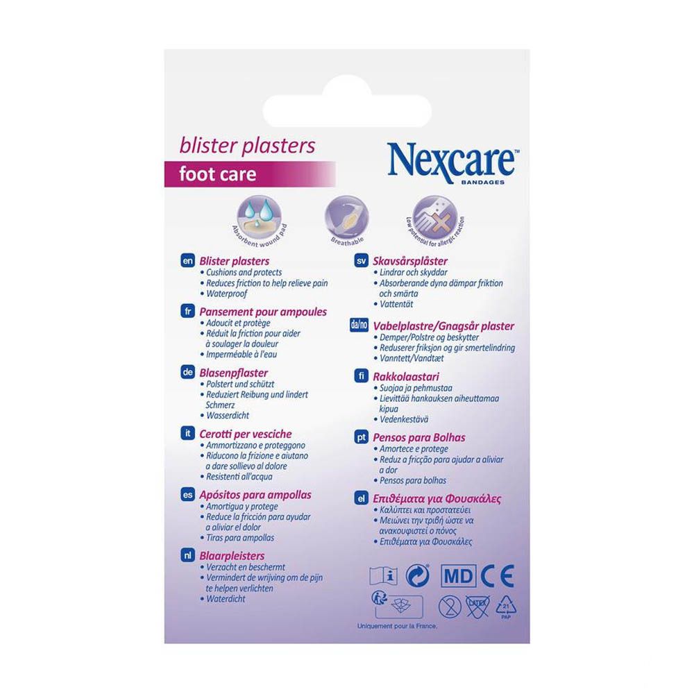 Dos de l'emballage avec informations sur les pansements anti-ampoules Nexcare en plusieurs langues. Contient des symboles et certifications.