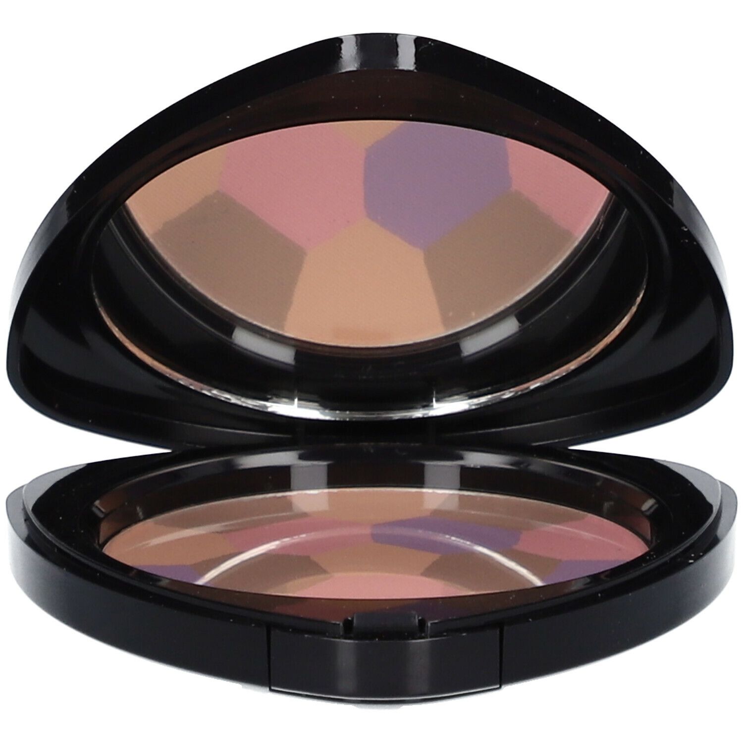 Poudre compacte ouverte, miroir intégré. Boîtier noir triangulaire. Segments de poudre multicolores.