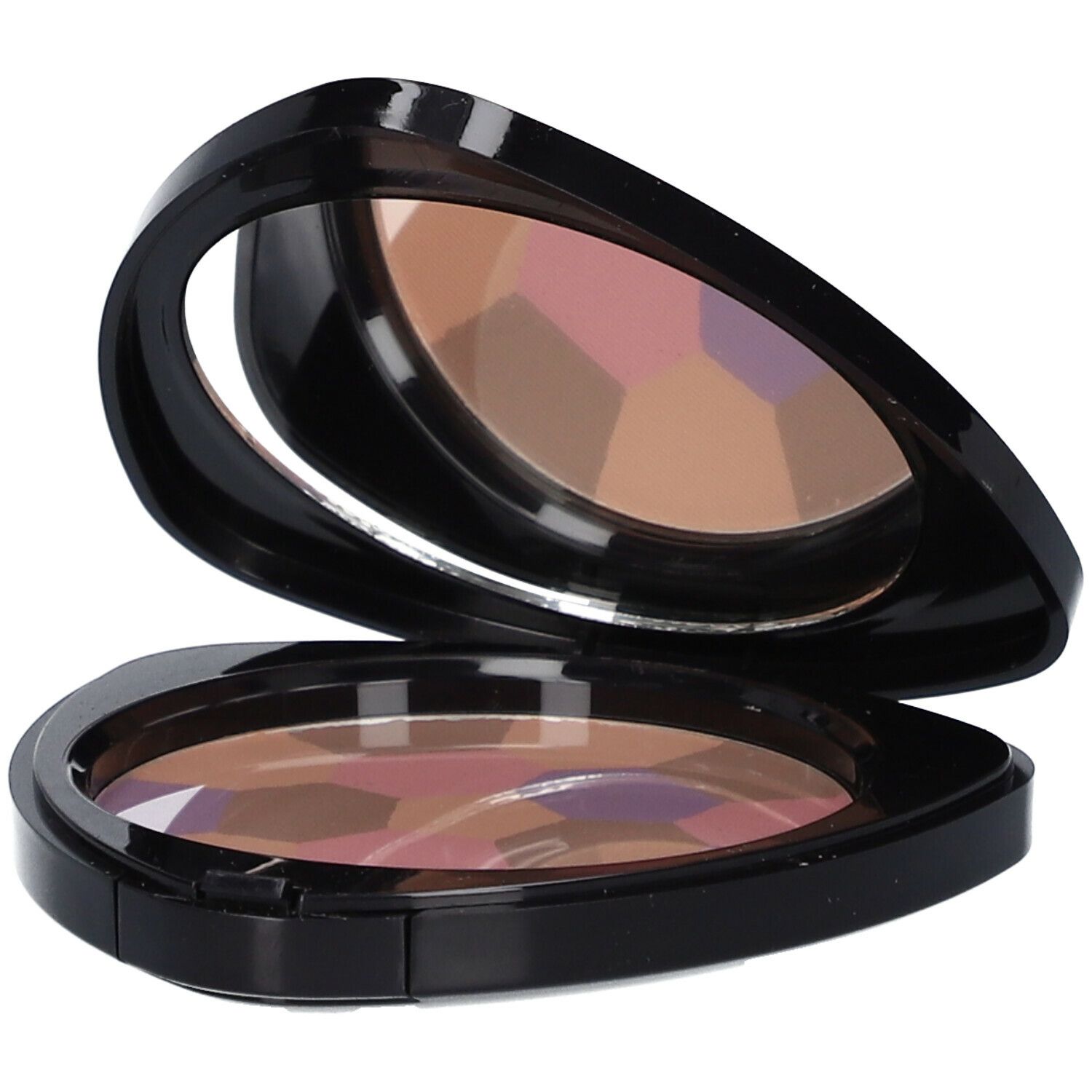 Poudre compacte ouverte, miroir intégré. Boîtier noir triangulaire. Segments de poudre multicolores.