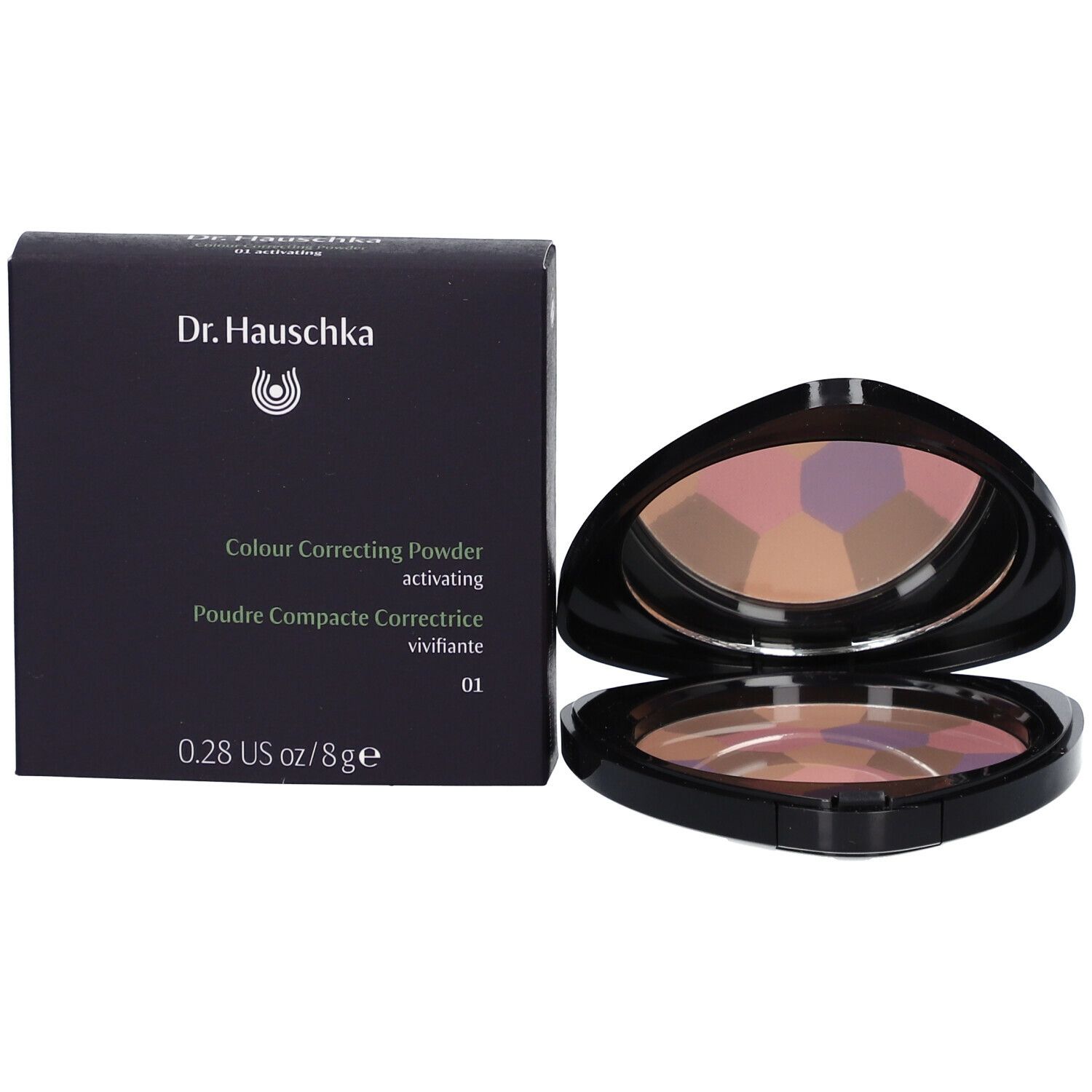 Poudre compacte avec miroir et boîte. Boîtier noir triangulaire. Segments de poudre multicolores. Ouvert.