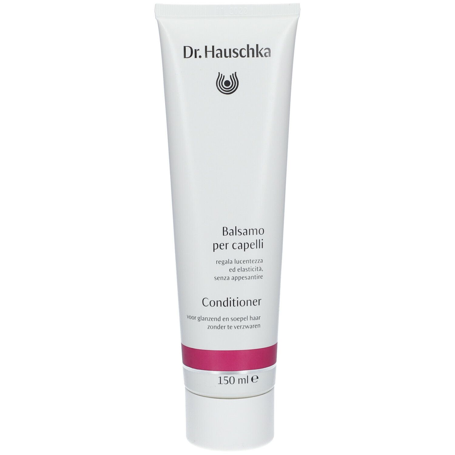 Wit-roze tube met productnaam en tekst. "Conditioner" en "150 ml" zijn zichtbaar.
