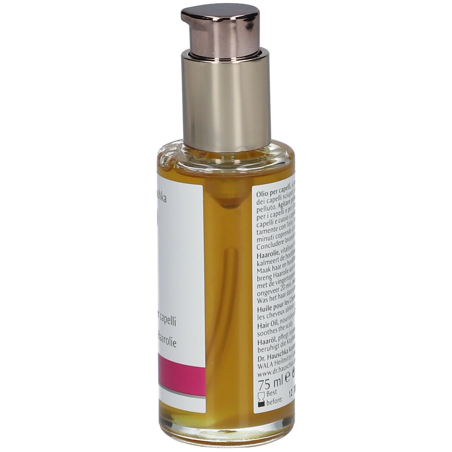 Haaroliefles, zijaanzicht. Etiket met tekst. Zilveren pomp. Vloeistof zichtbaar. 75 ml.