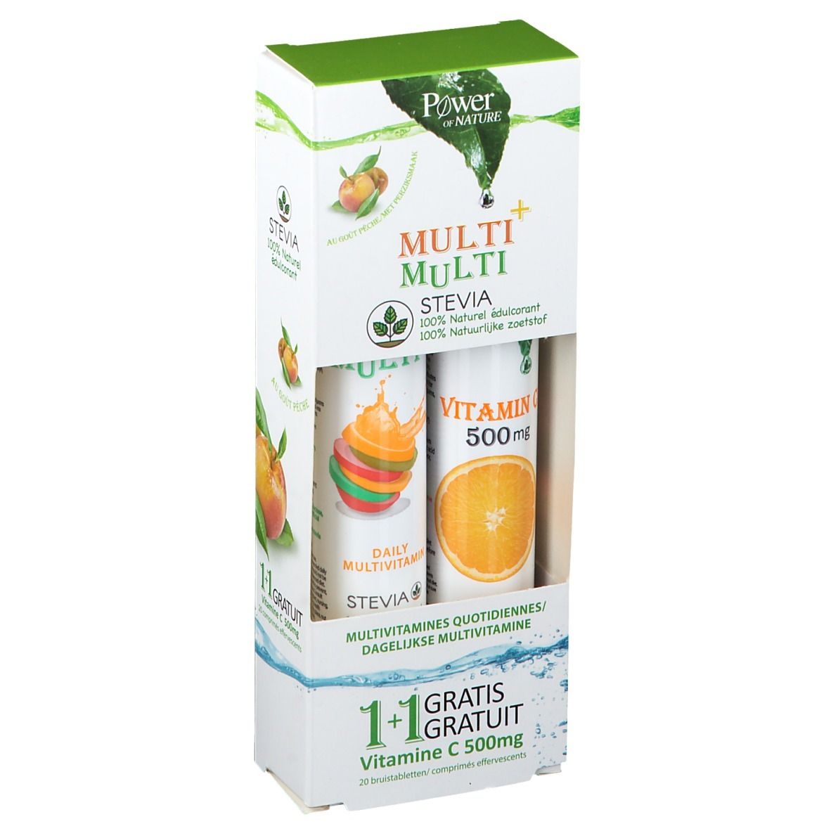 Verpackung mit zwei Röhrchen. Aufschrift: Multi Multi, Stevia, Vitamin C 500mg. 1+1 gratis. Abbildung von Früchten.
