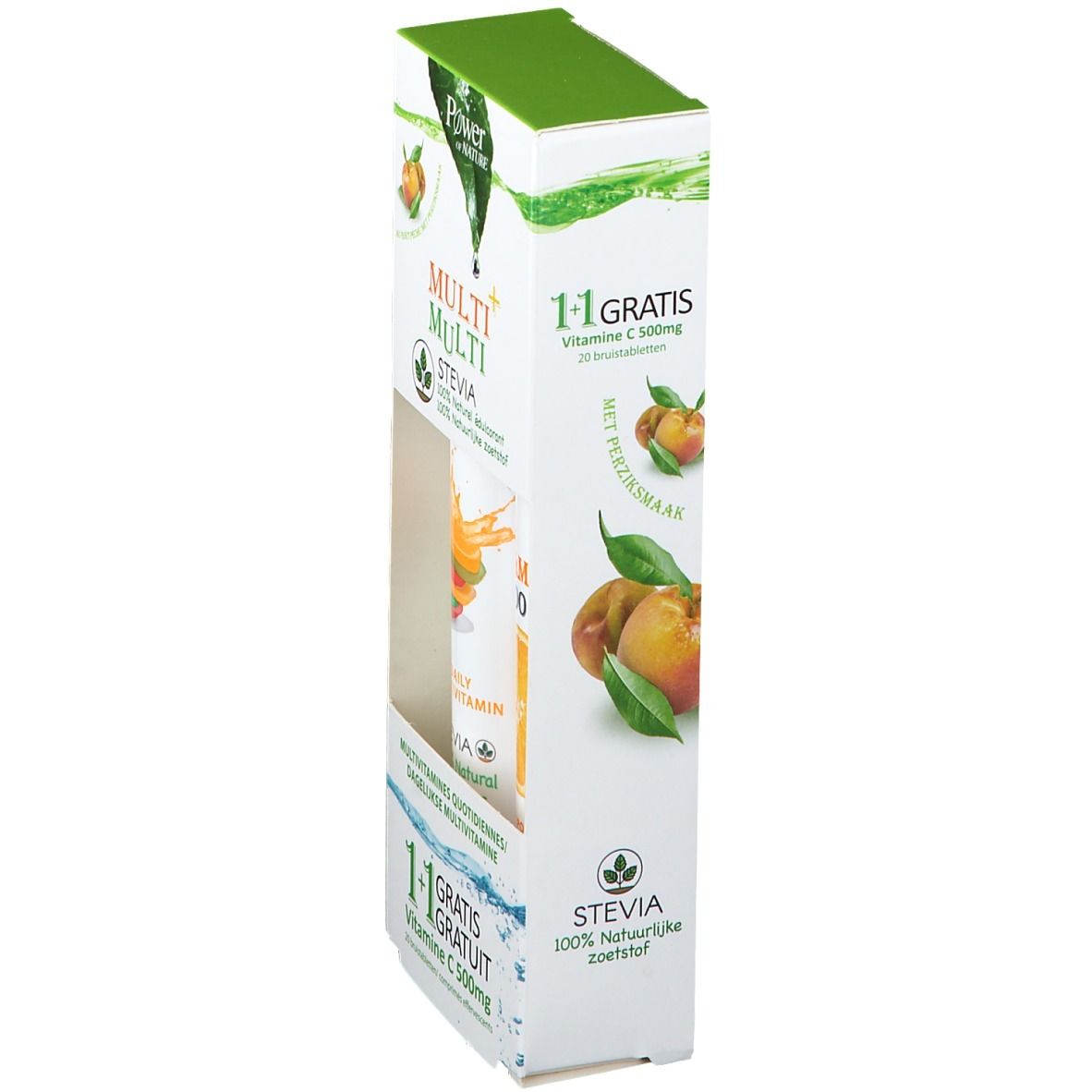 Seitenansicht der Verpackung. Aufschrift: Multi Multi, Stevia, Vitamin C 500mg. 1+1 gratis. Abbildung von Früchten.