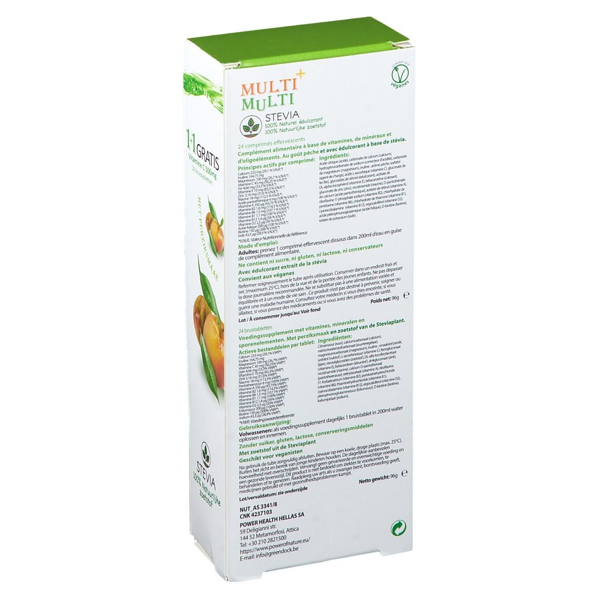 Rückseite der Verpackung. Textinformationen, Inhaltsstoffe, Herstellerangaben. Logo: Multi Multi, Stevia. Abbildung von Früchten.
