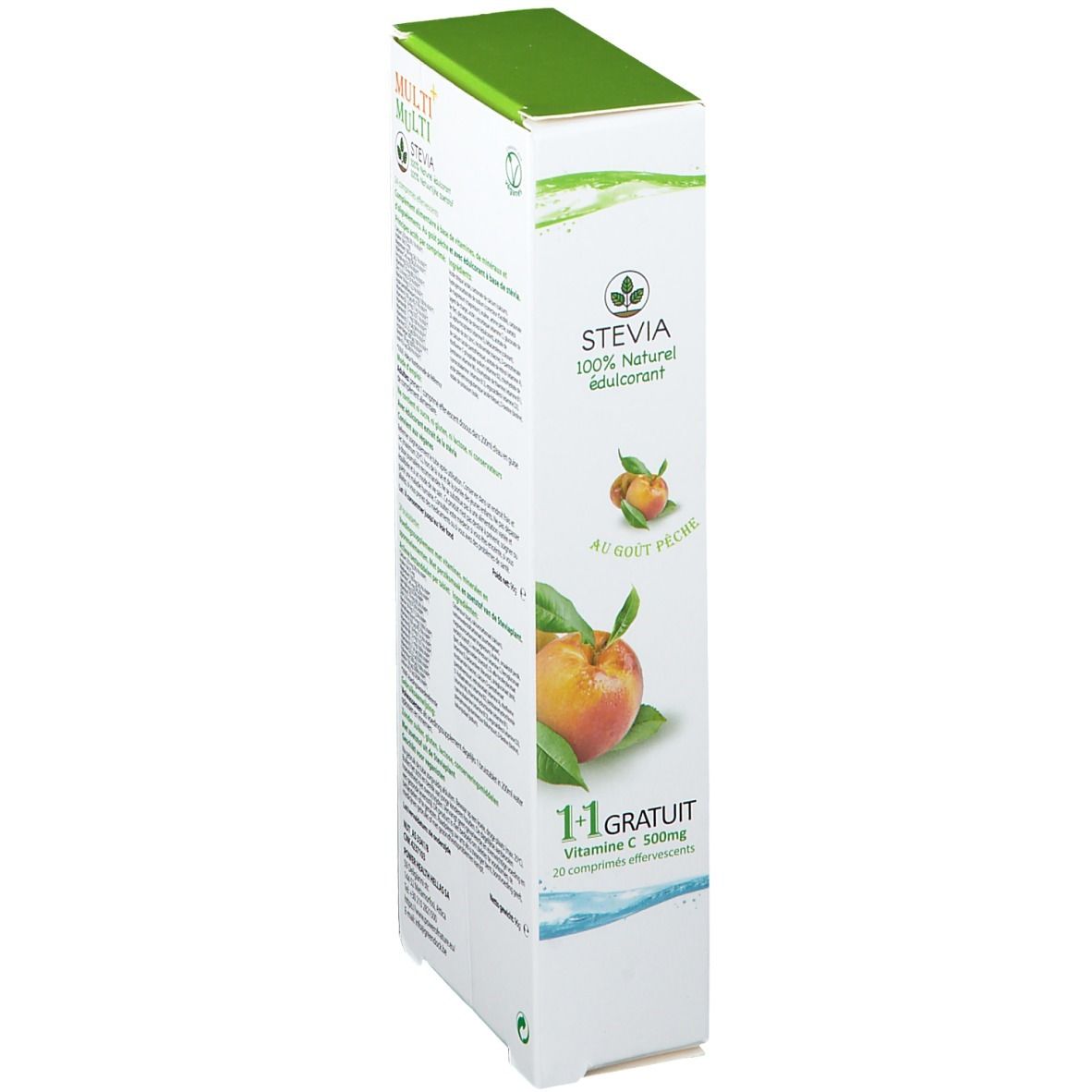 Seitenansicht der Verpackung. Aufschrift: Multi Multi, Stevia, Vitamin C 500mg. 1+1 gratis. Abbildung von Früchten.