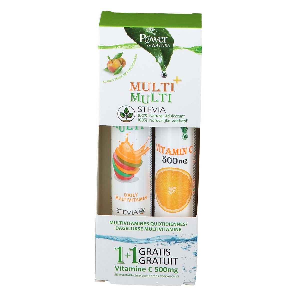 Verpackung mit zwei Röhrchen. Aufschrift: Multi Multi, Stevia, Vitamin C 500mg. 1+1 gratis. Abbildung von Früchten.