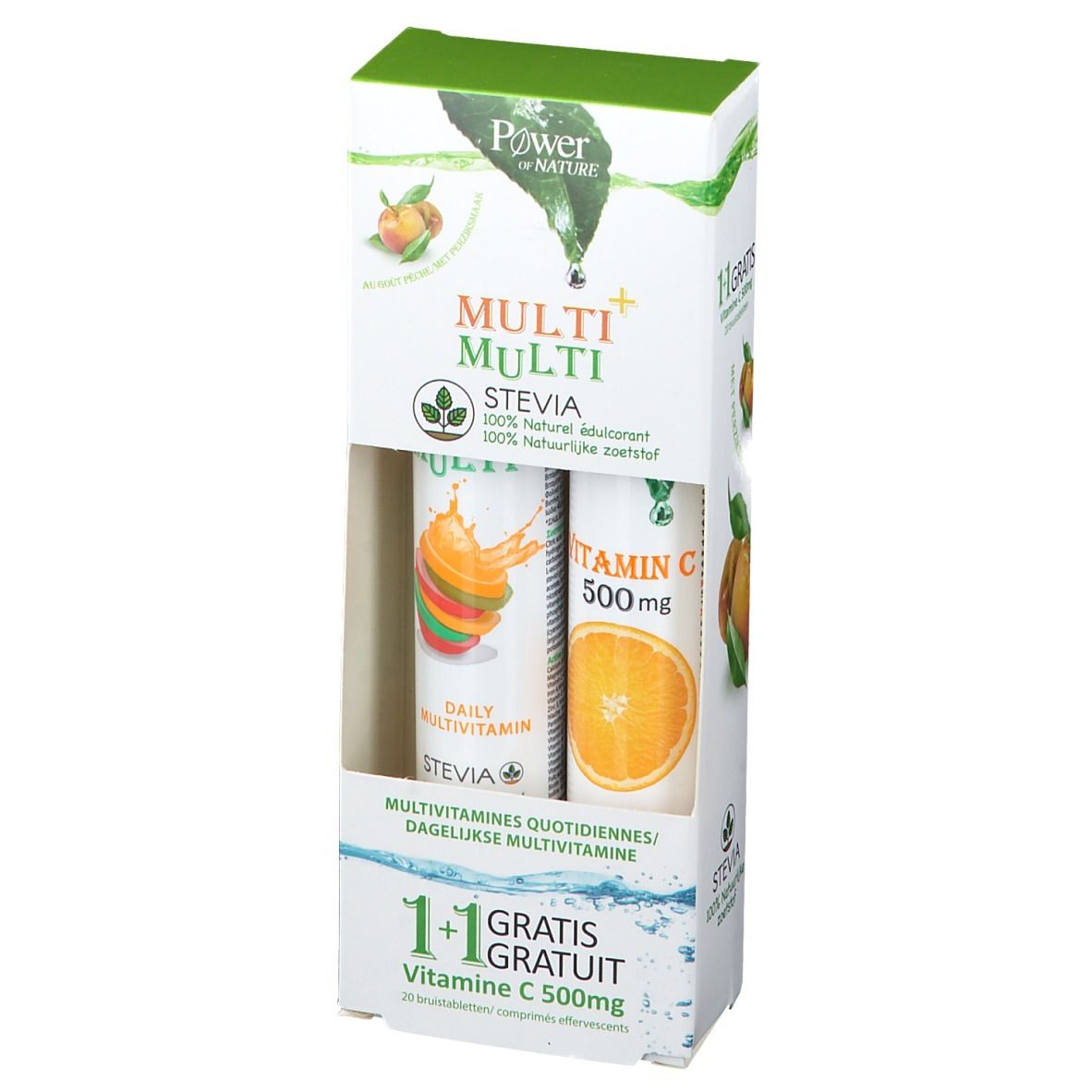 Verpackung mit zwei Röhrchen. Aufschrift: Multi Multi, Stevia, Vitamin C 500mg. 1+1 gratis. Abbildung von Früchten.