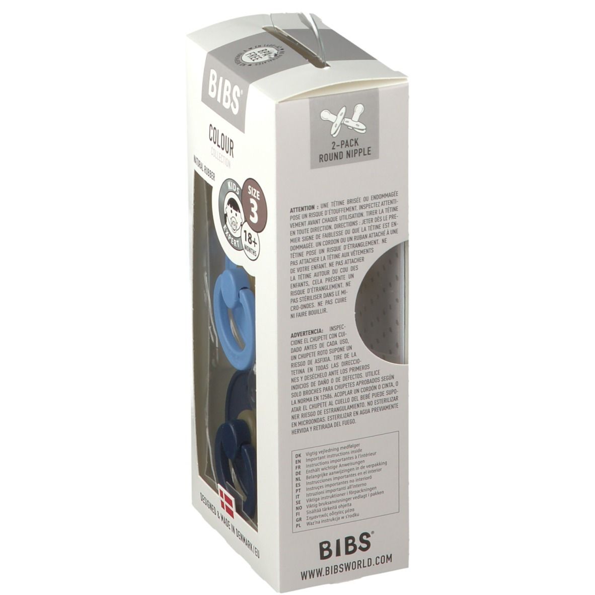 Verpakking van BIBS® COLOUR fopspenen. Zijaanzicht. Tekst: 2-Pack, Natural Rubber, Designed & Made in Denmark/EU.