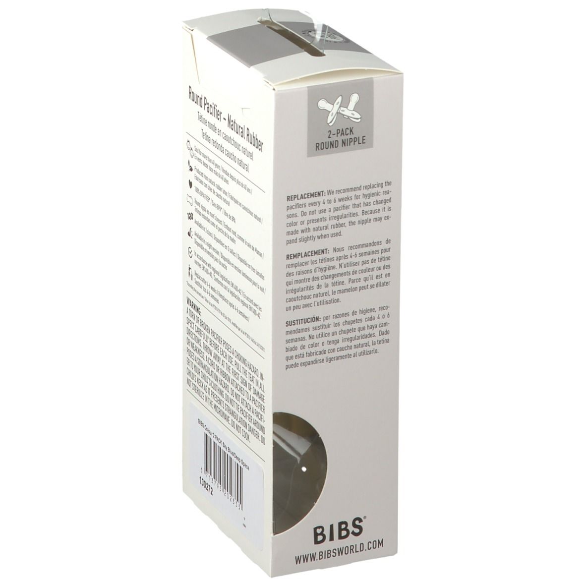 Achterkant van de BIBS® COLOUR fopspeen verpakking. Tekst: Round Pacifier - Natural Rubber. Productinformatie.