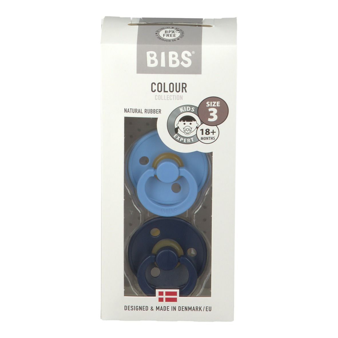 BIBS® COLOUR fopspenen, twee stuks in verpakking. Blauw en donkerblauw. Maat 3, voor kinderen +18 maanden.