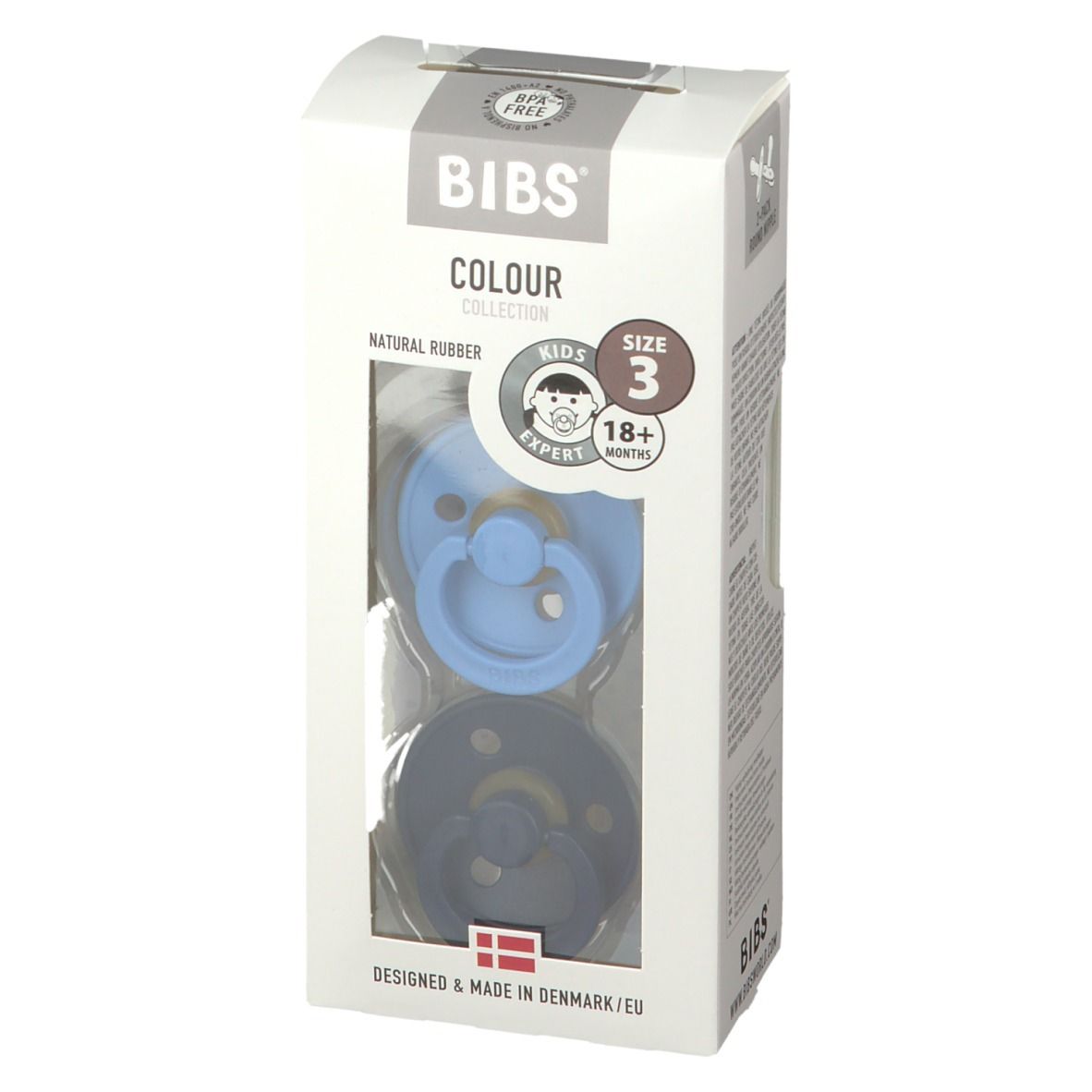 BIBS® COLOUR fopspenen, twee stuks in verpakking. Blauw en donkerblauw. Maat 3, voor kinderen +18 maanden.