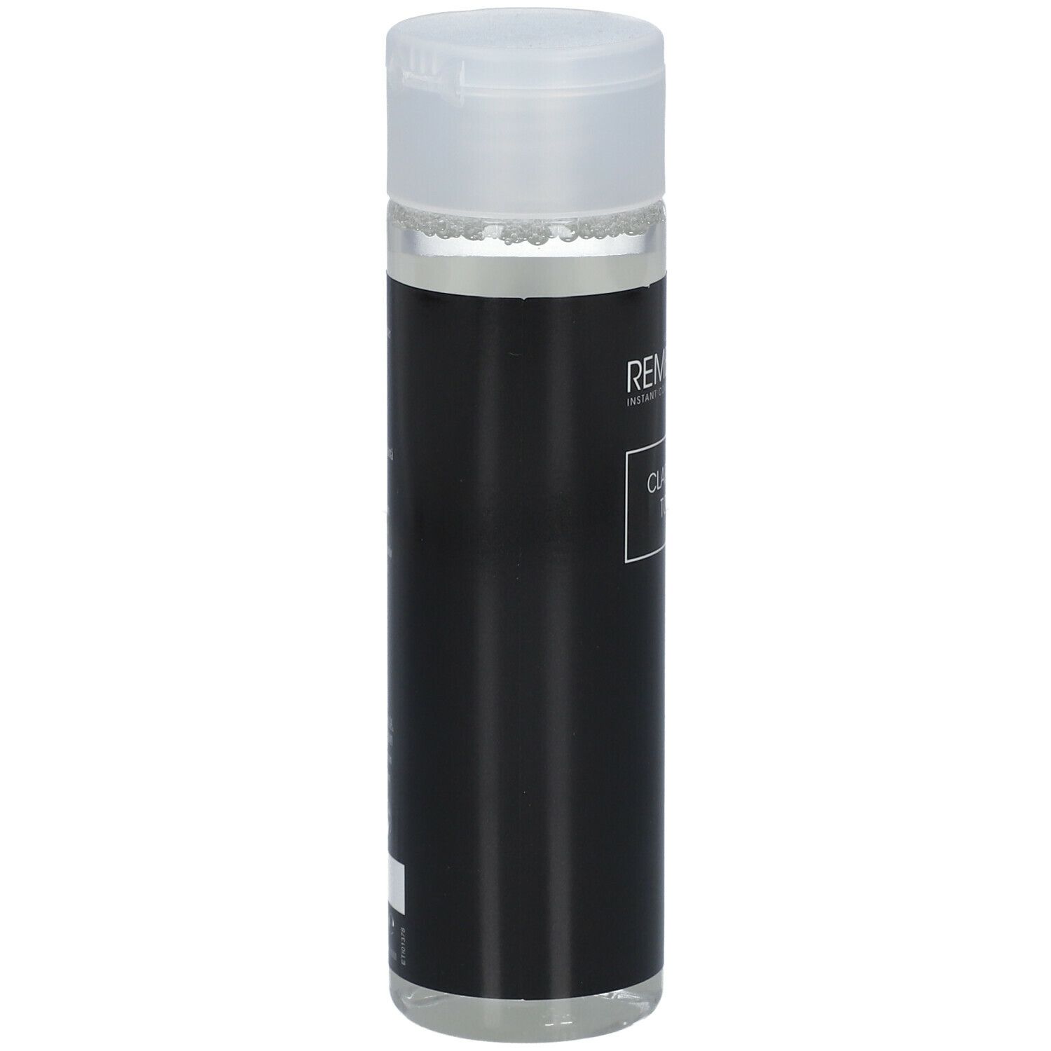 Zwarte fles met transparante toner en witte dop. Opschrift: REMESCAR, Clarifying Toner.