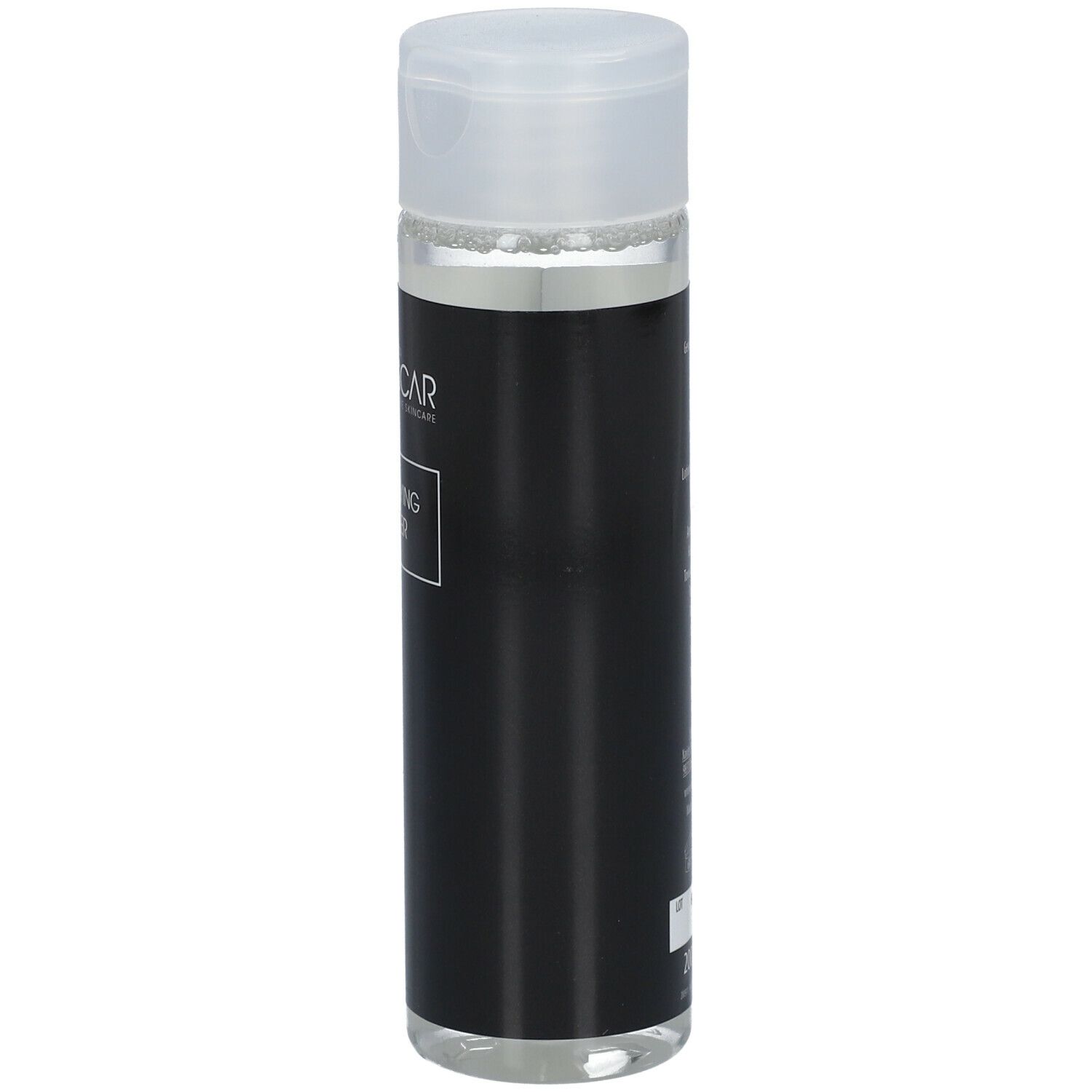 Zwarte fles met transparante toner en witte dop. Opschrift: REMESCAR, Clarifying Toner.