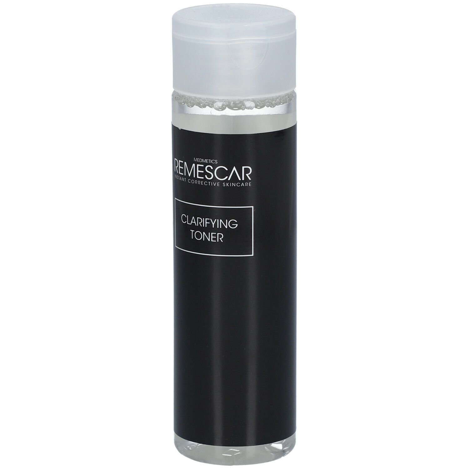 Zwarte fles met transparante toner en witte dop. Opschrift: REMESCAR, Clarifying Toner.