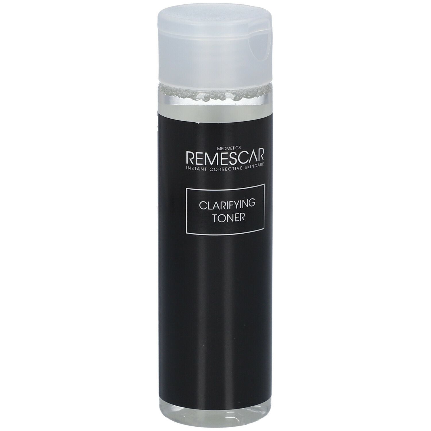 Zwarte fles met transparante toner en witte dop. Opschrift: REMESCAR, Clarifying Toner.