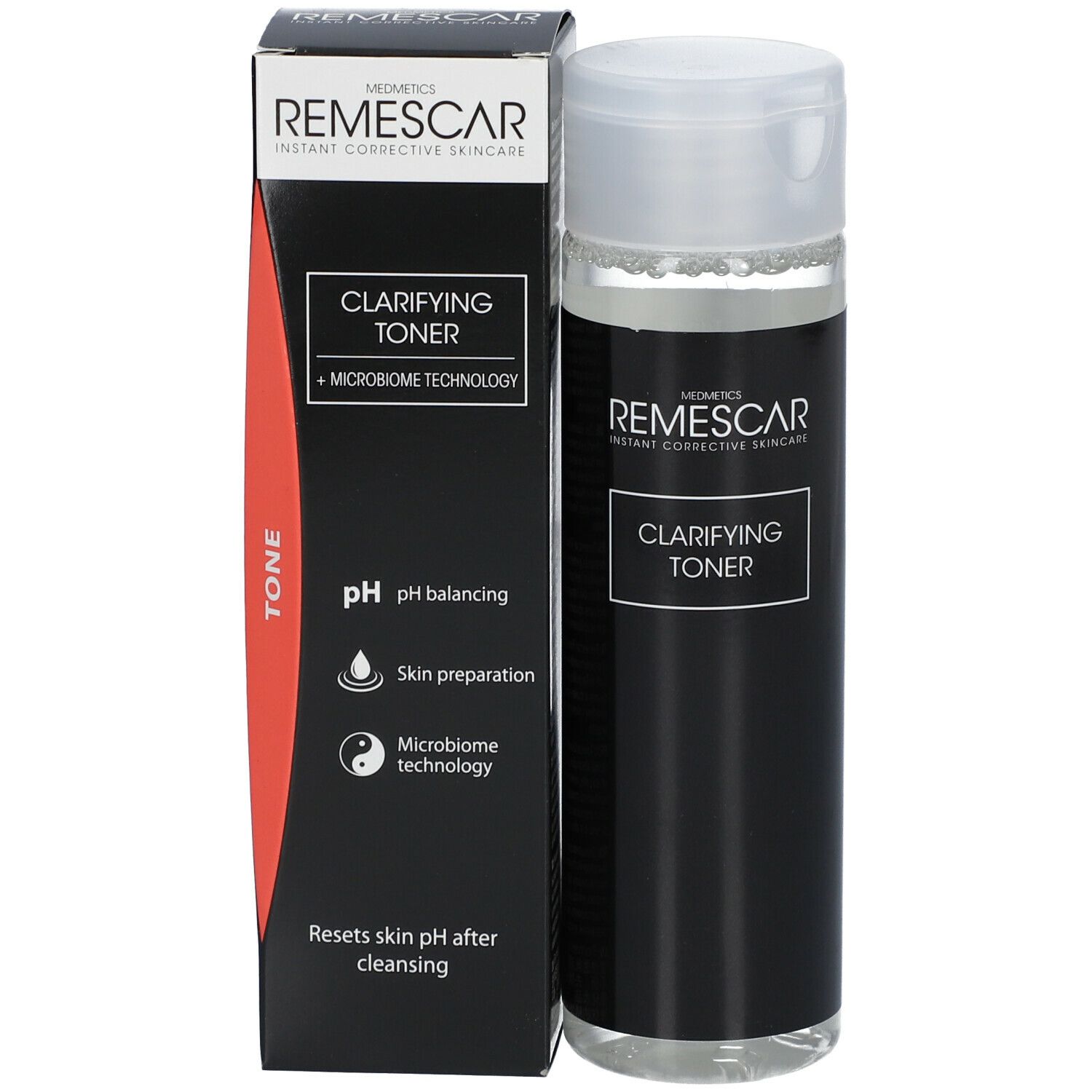 Tonerfles naast verpakking. Verpakking met opschrift: Clarifying Toner + Microbiome Technology.
