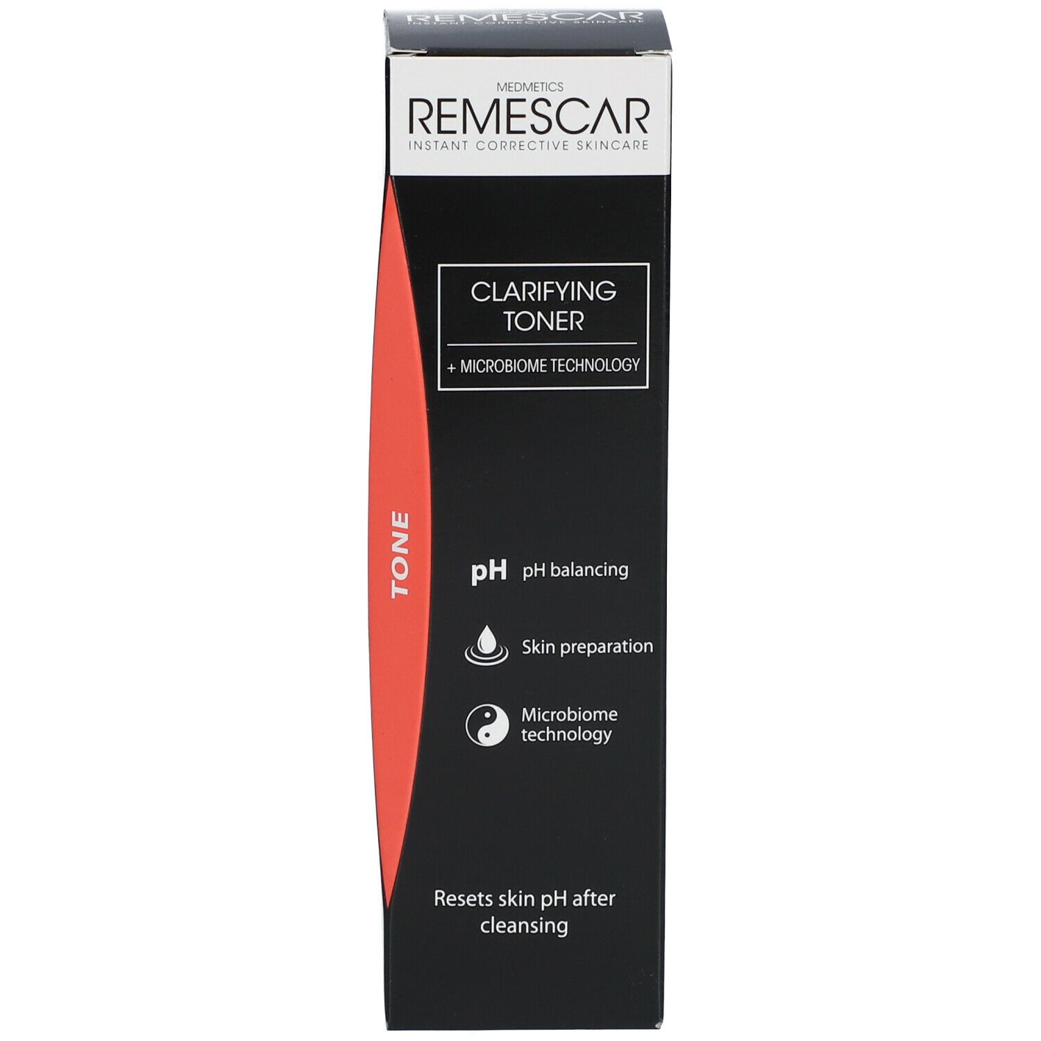 Verpakking met opschrift: Clarifying Toner + Microbiome Technology. Rode streep met tekst: Tone.