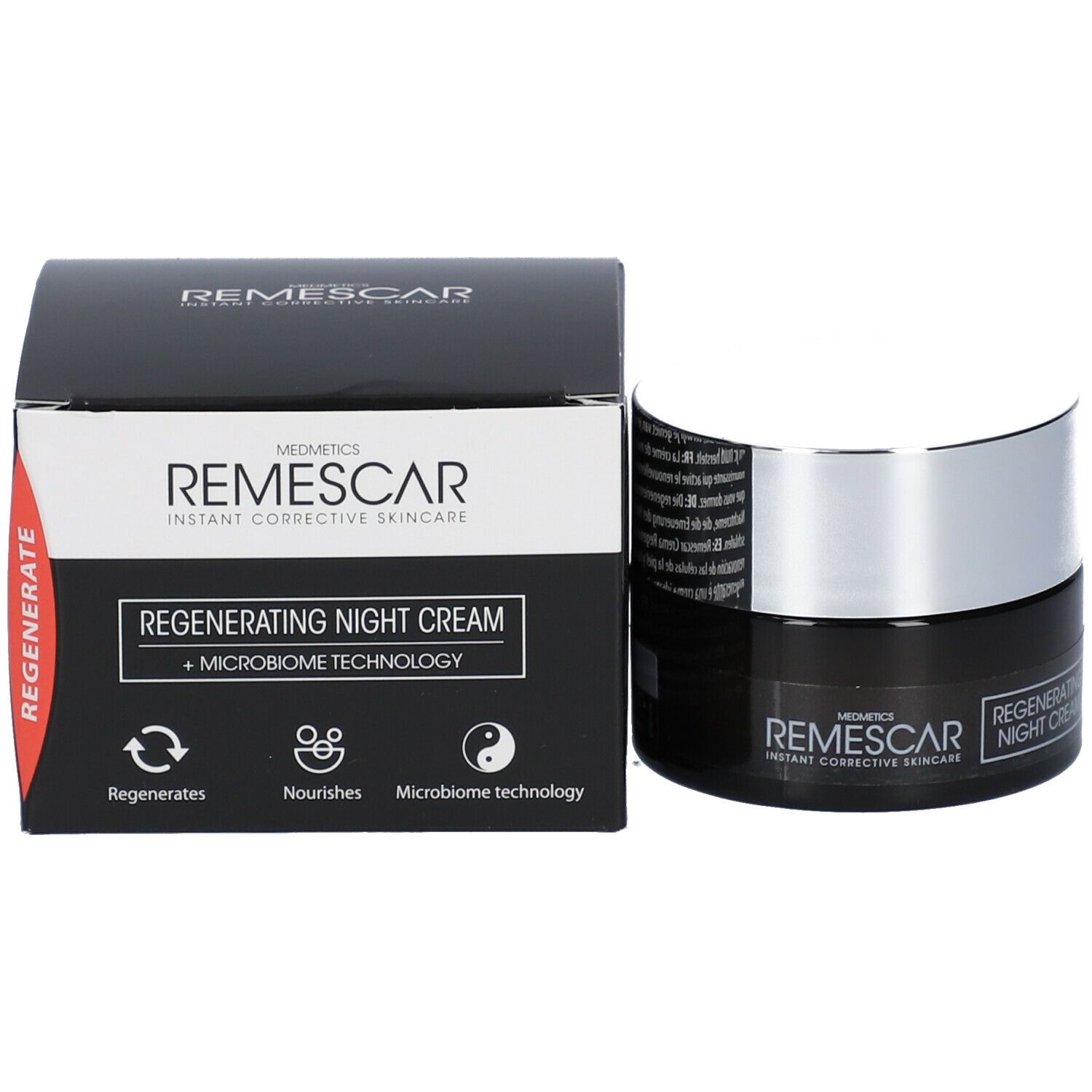 Schwarze Schachtel und Creme-Dose. Aufschrift: Remescar, Regenerating Night Cream.