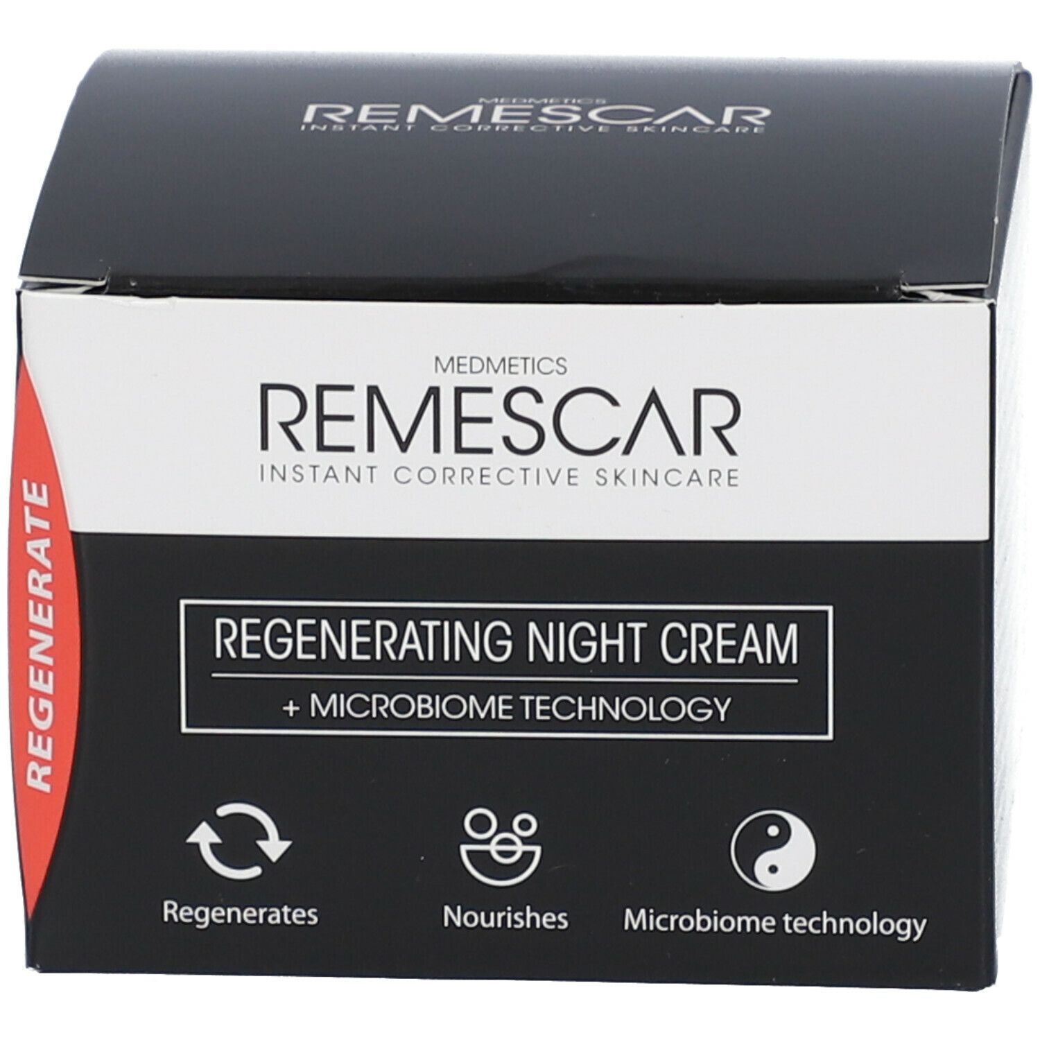 Schwarze Schachtel. Aufschrift: Remescar, Regenerating Night Cream. Logos.