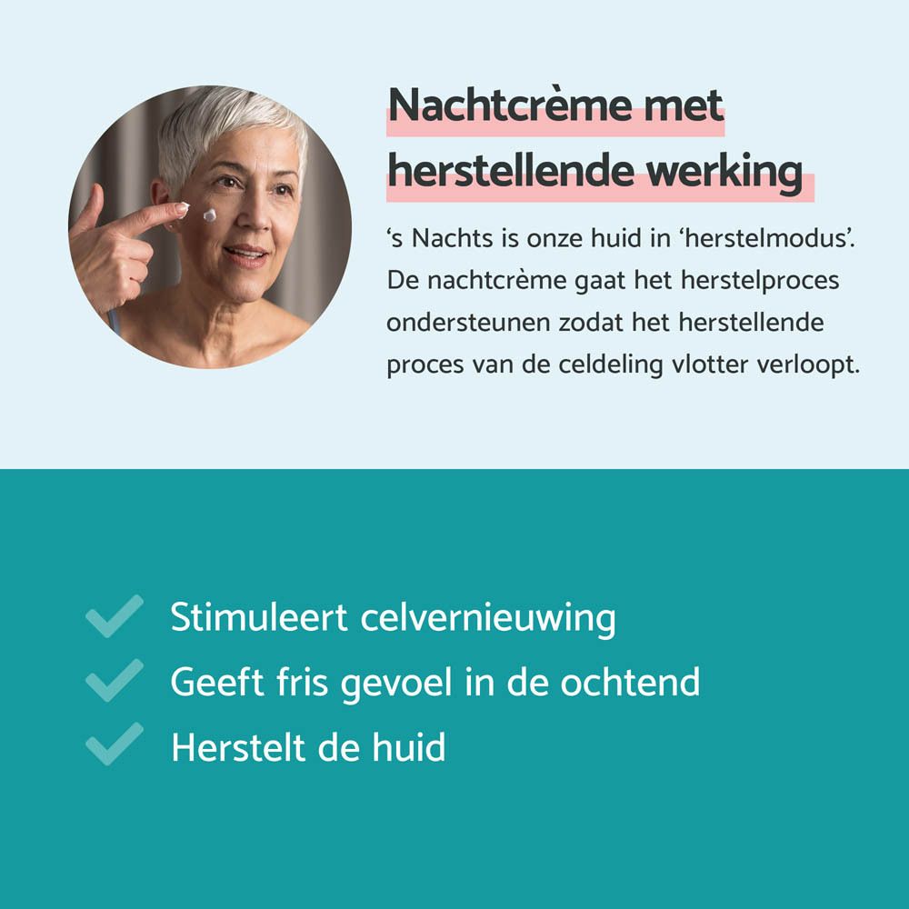 Vrouw raakt gezicht aan. Tekst: Nachtcrème met herstellende werking. 3 voordelen.