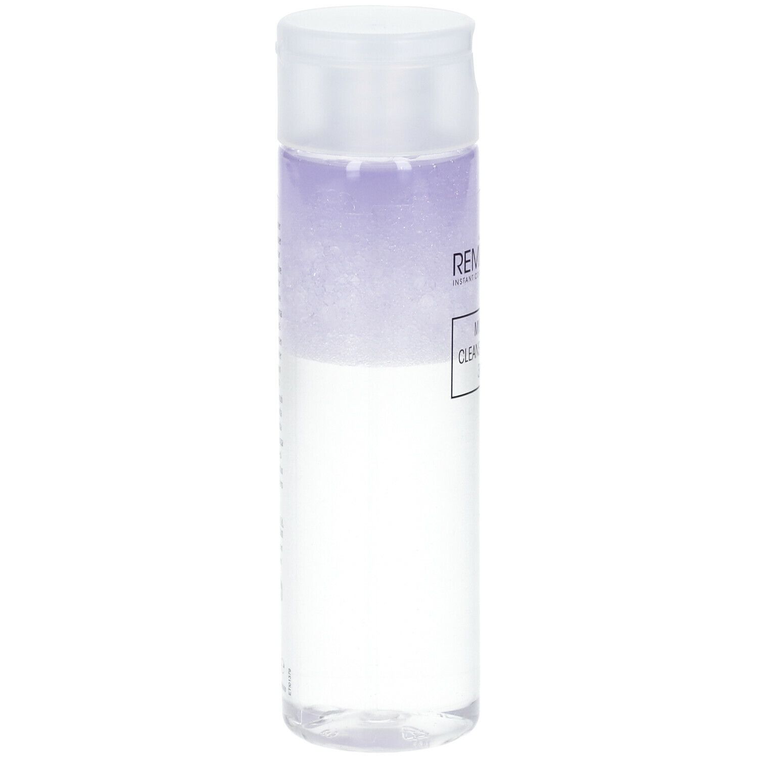 Transparante fles met witte dop. Vloeistof met paarse tint. Productnaam en merk op het etiket.