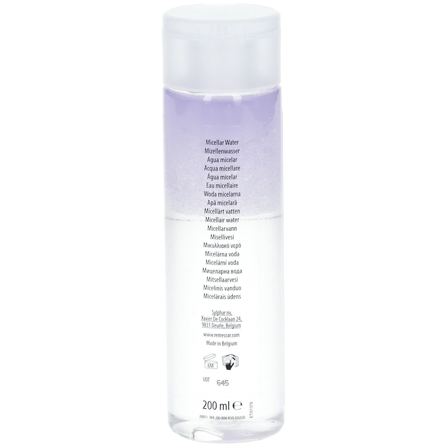 Achterkant van de fles. Productinformatie en ingrediënten. 200 ml volume-aanduiding.