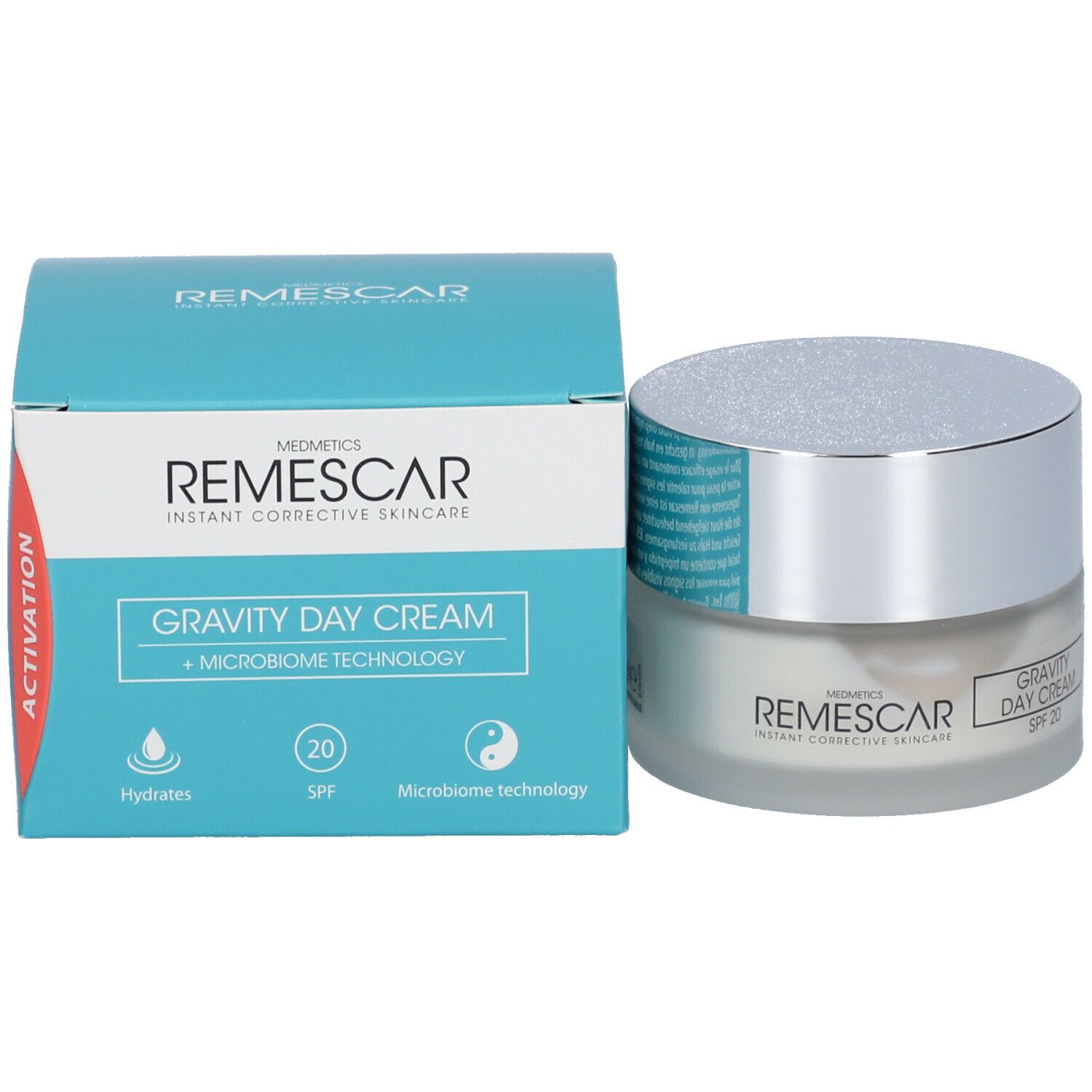 Productverpakking en crèmepot. Op de verpakking staat "Remescar Gravity Day Cream".