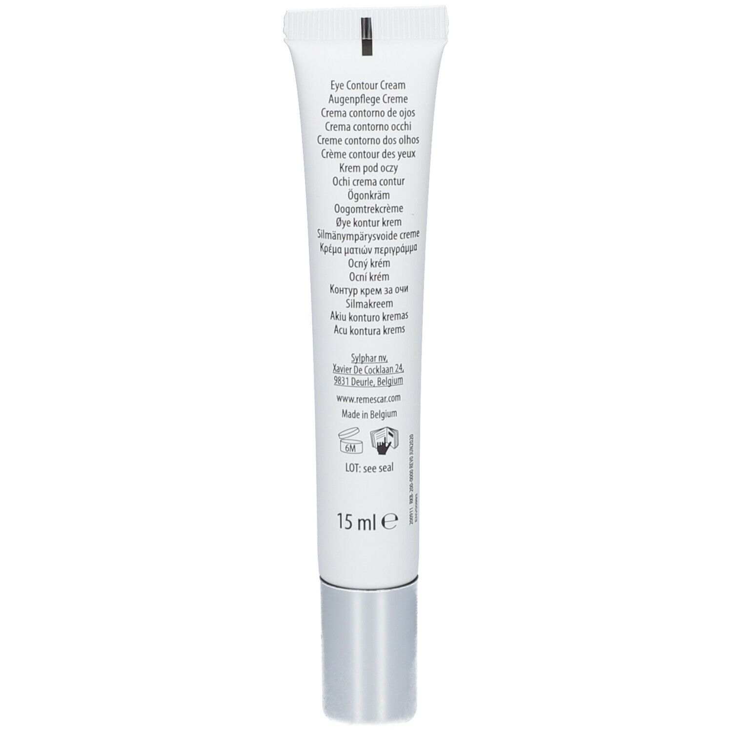 Witte tube met zilveren dop. Productnaam en informatie in meerdere talen.