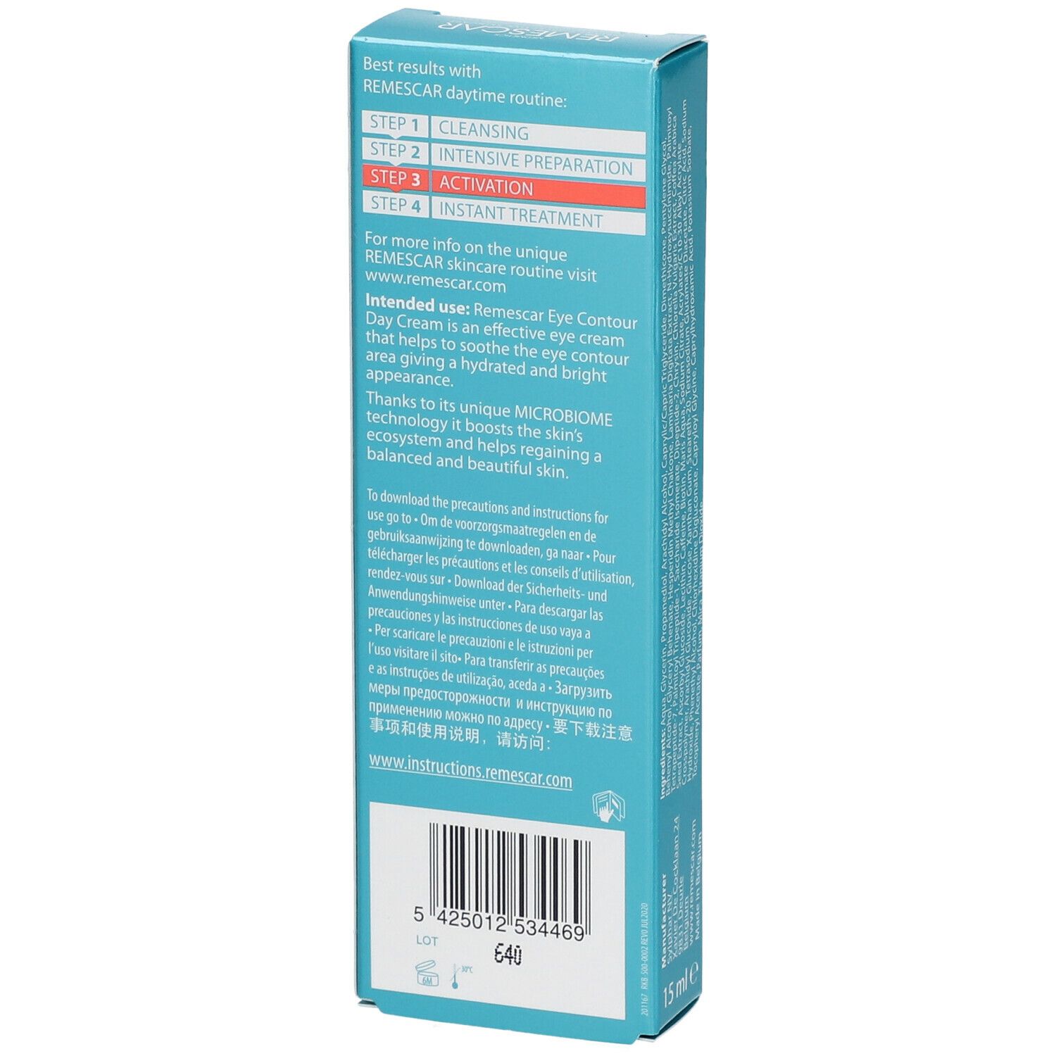 Achterkant van de verpakking met gebruiksbeschrijving en ingrediënten. Barcode en fabrikantinfo.