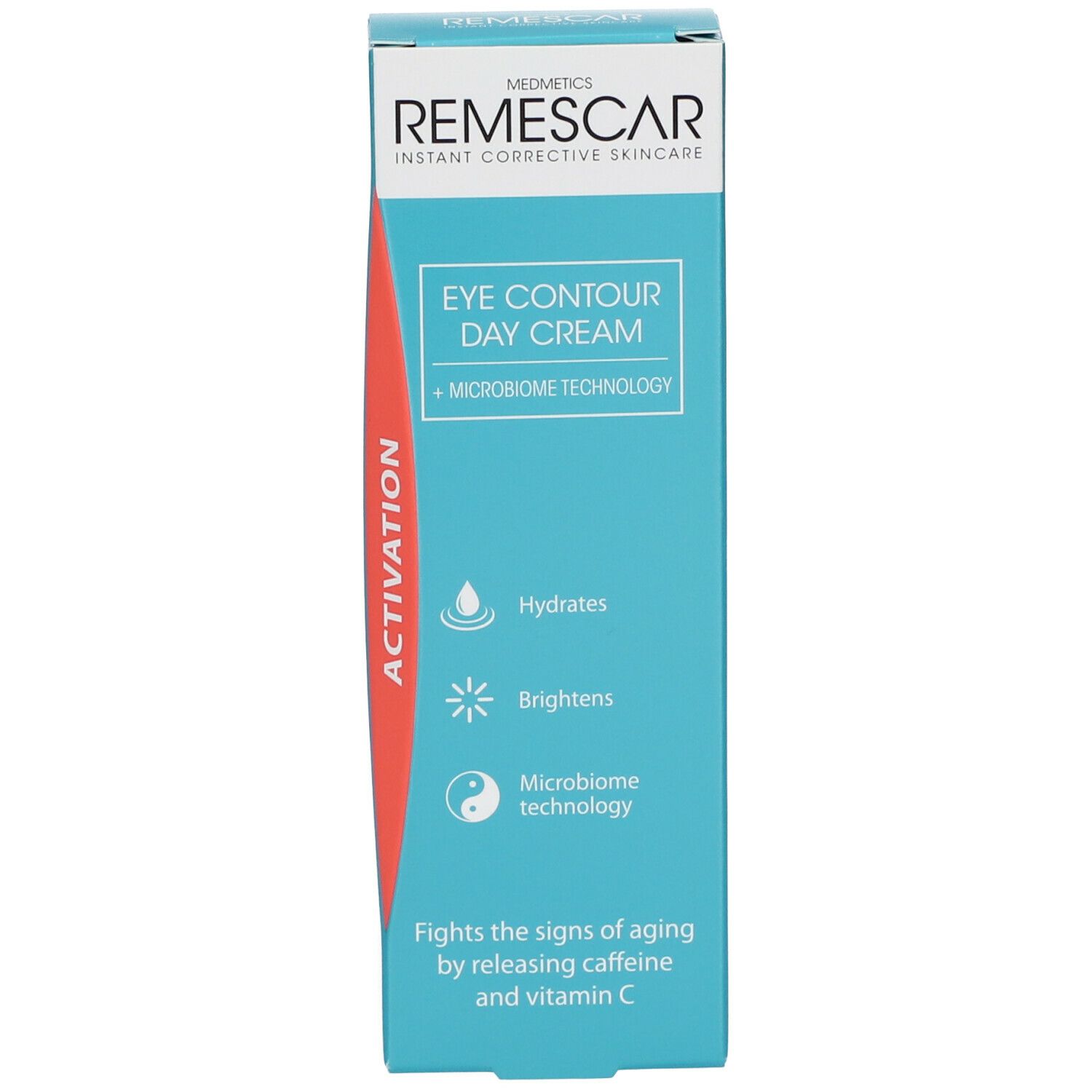 Turquoise verpakking met productnaam en kenmerken. Rode streep met 'Activation'.