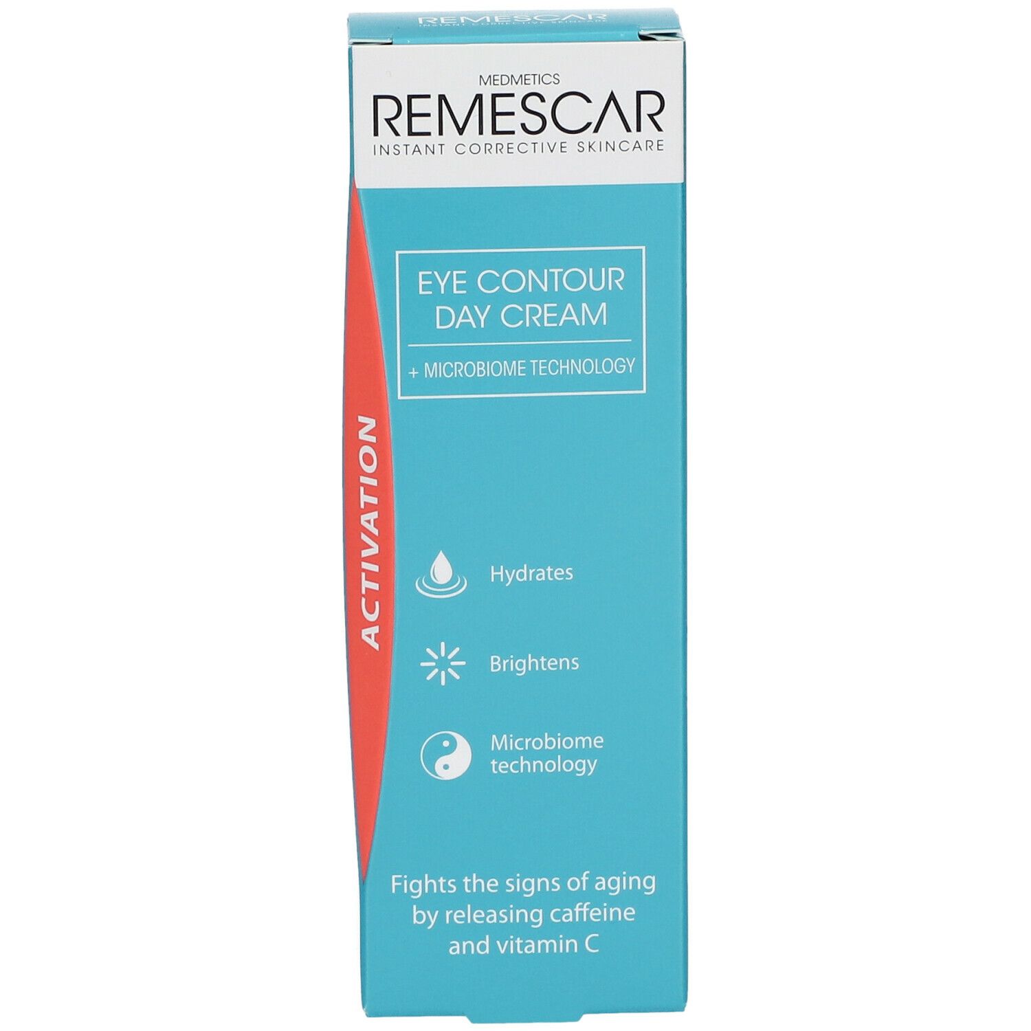 Turquoise verpakking met productnaam en kenmerken. Rode streep met 'Activation'.