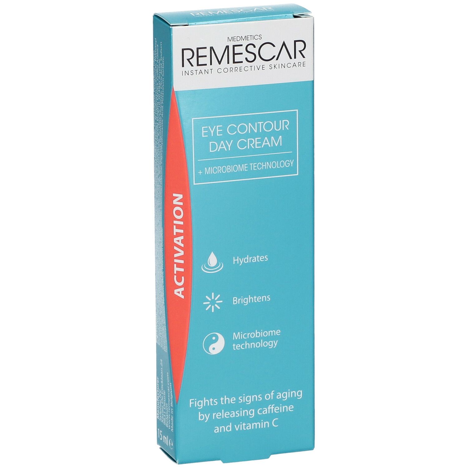 Turquoise verpakking met productnaam en kenmerken. Rode streep met 'Activation'.