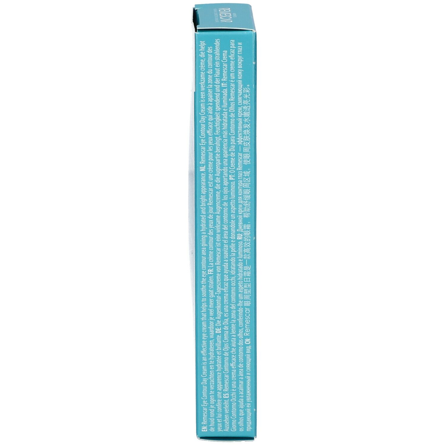Smalle, turquoise verpakking. Tekst in meerdere talen. Productinformatie.
