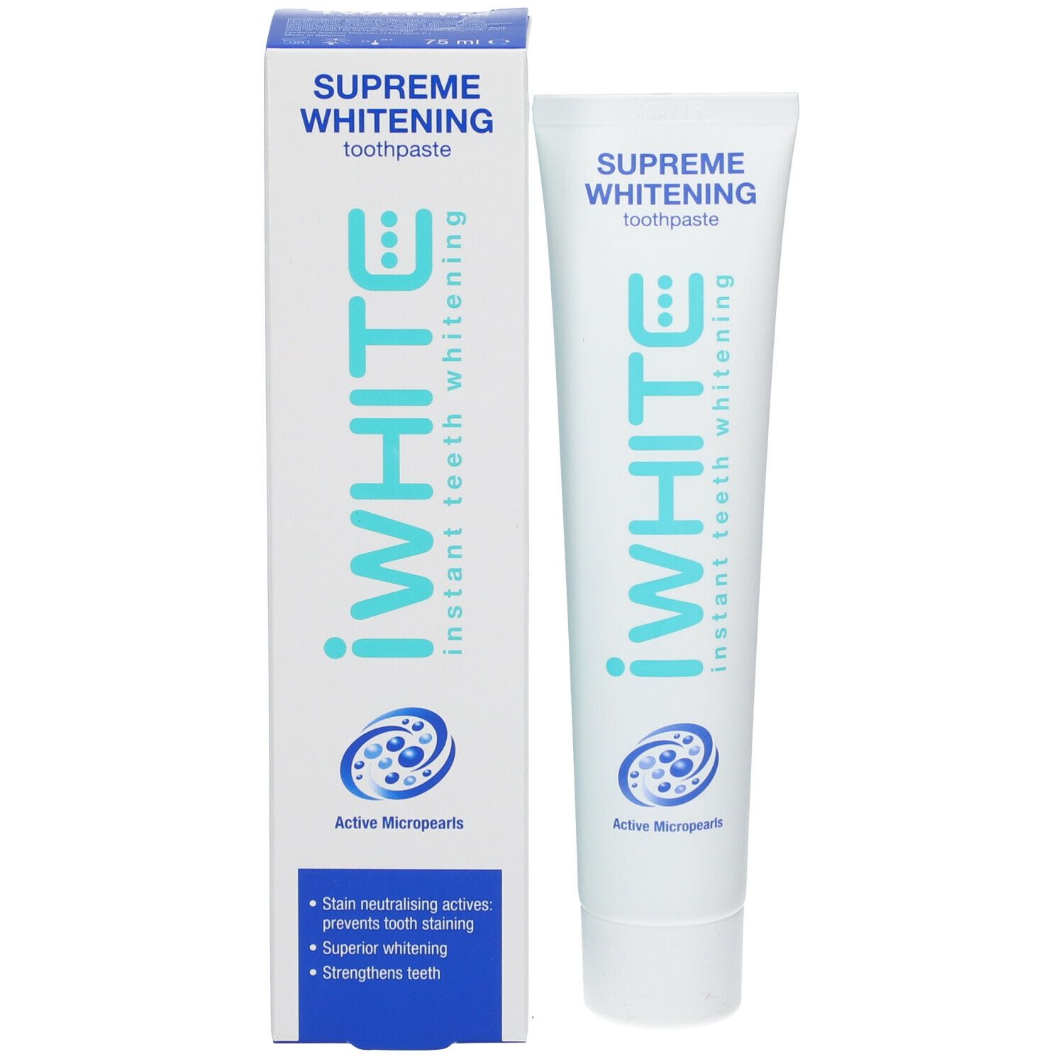 Zahncreme-Tube und Schachtel. Beide weiß mit blauem Schriftzug. "Supreme Whitening" und "iWhite" sind sichtbar.