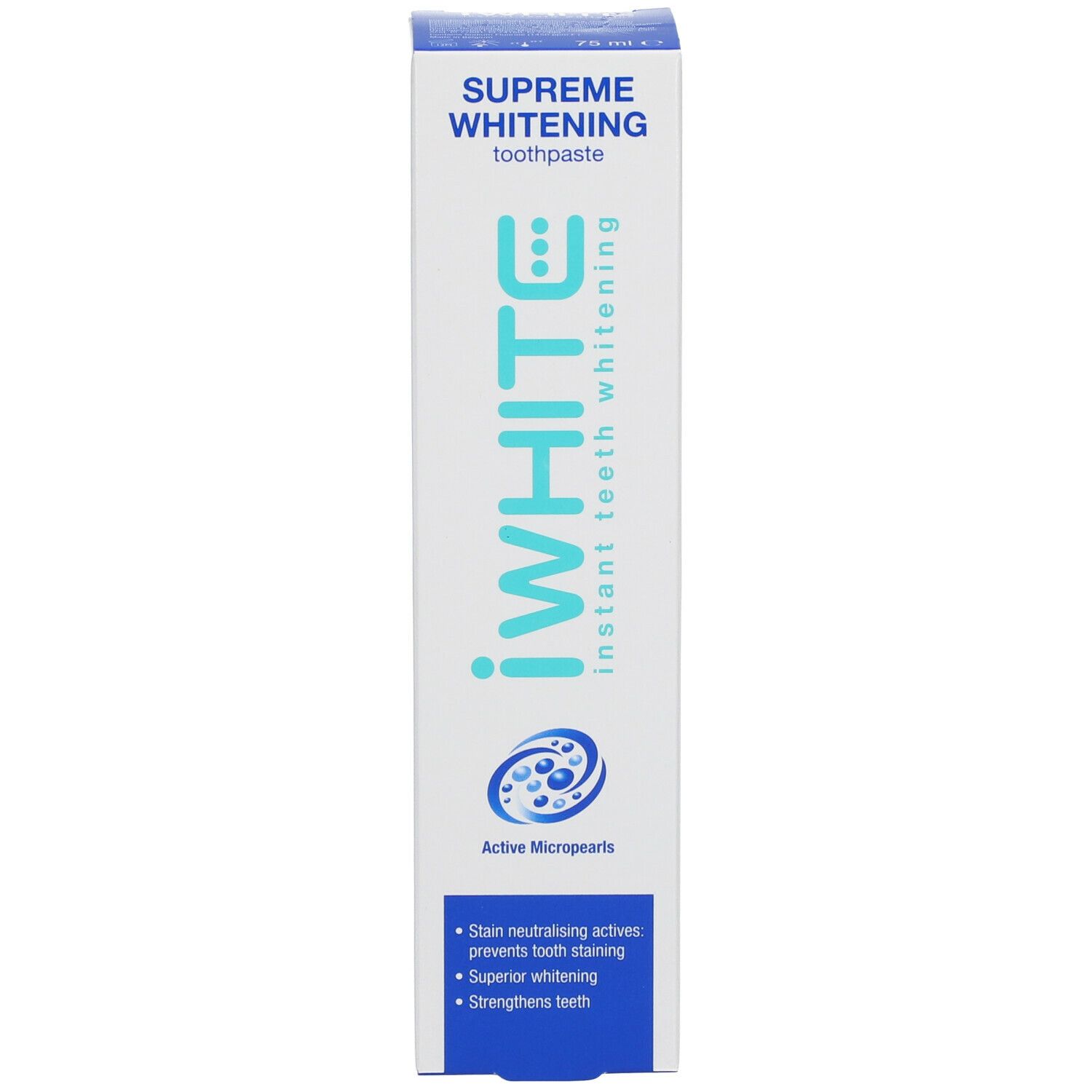 Weiße Schachtel mit blauem Deckel. "Supreme Whitening" und "iWhite" sind sichtbar. Text: "Active Micropearls".